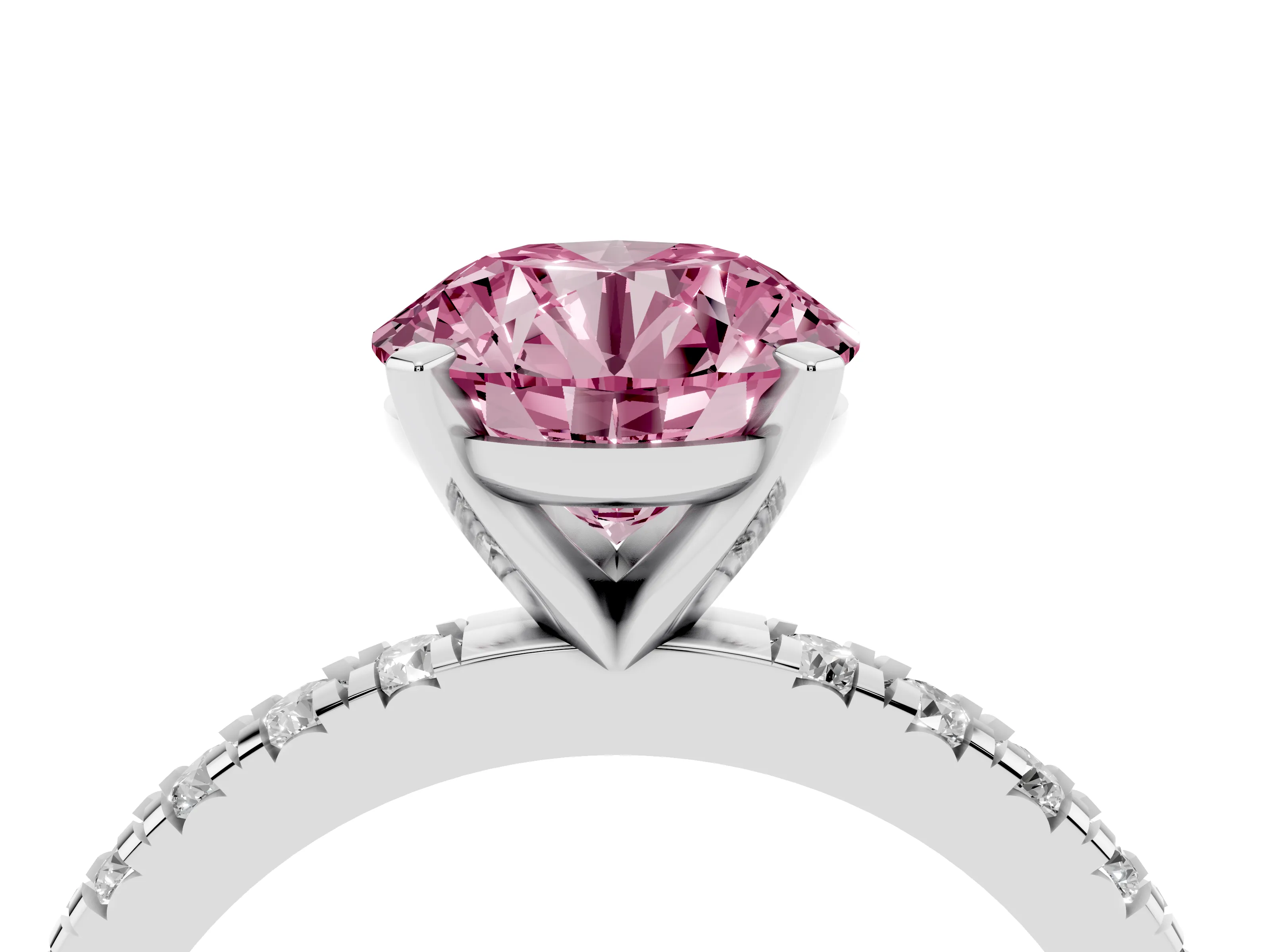 Fancy Pink Round Cut Diamond Pavé Band Solitaire Set in Platinum with Prong Setting