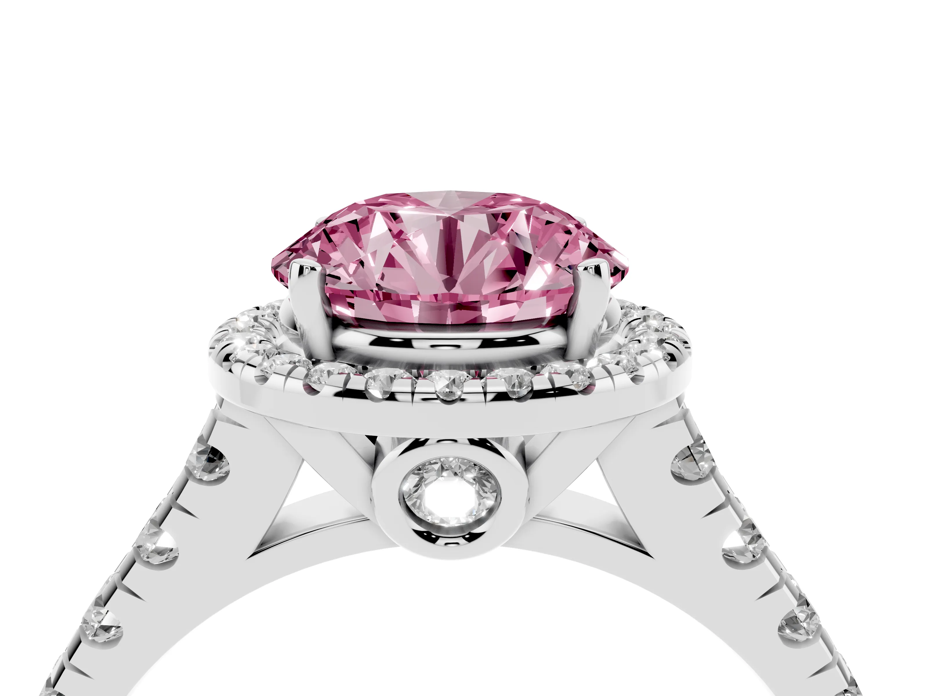 Fancy Pink Round Cut Diamond Halo Engagement Ring Set in Platinum with Pavé Band and Prong-Set Center