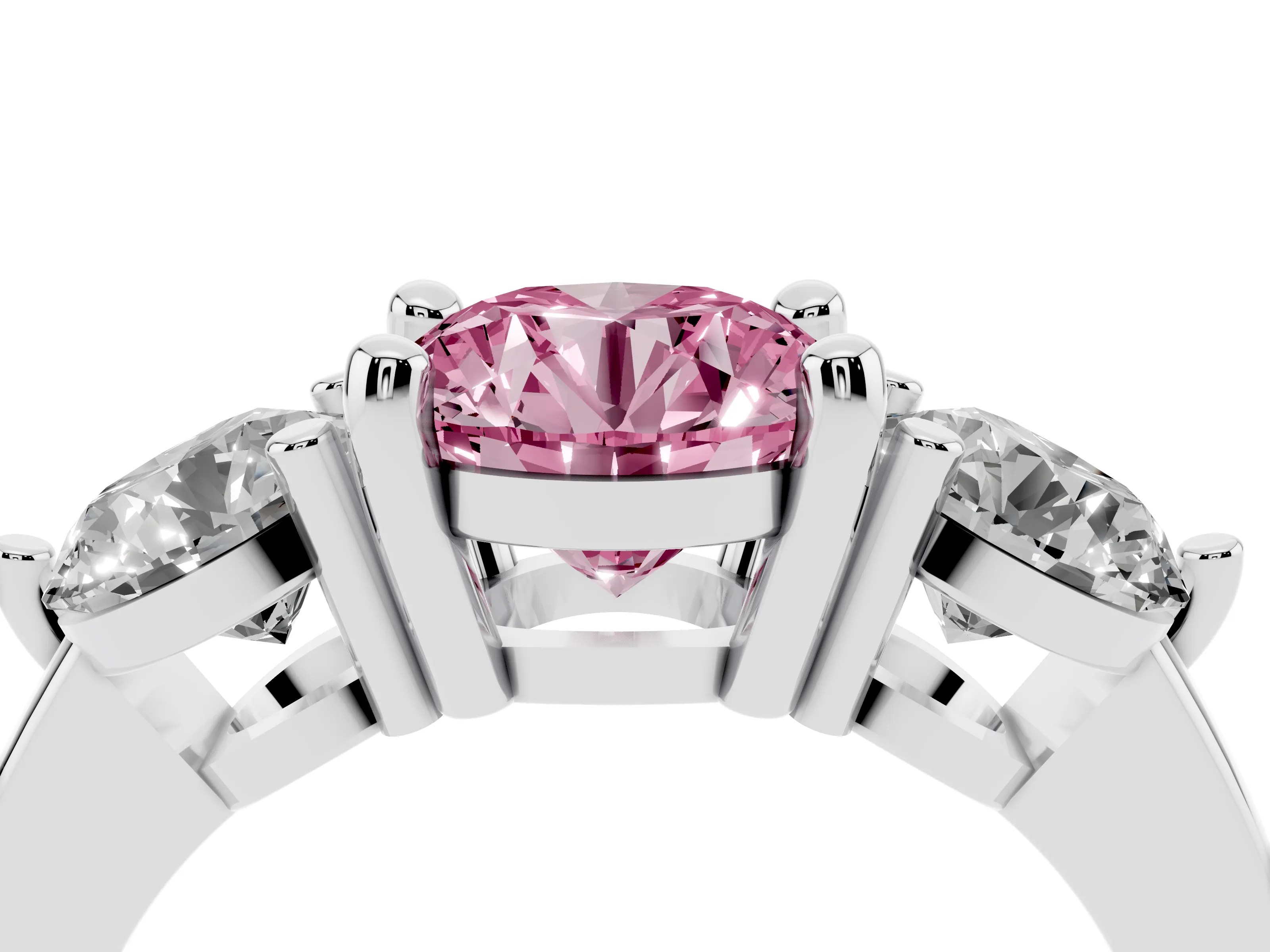 Fancy Pink Round Cut Diamond Three-Stone Ring Set in White gold with Prong Setting and Classic Band