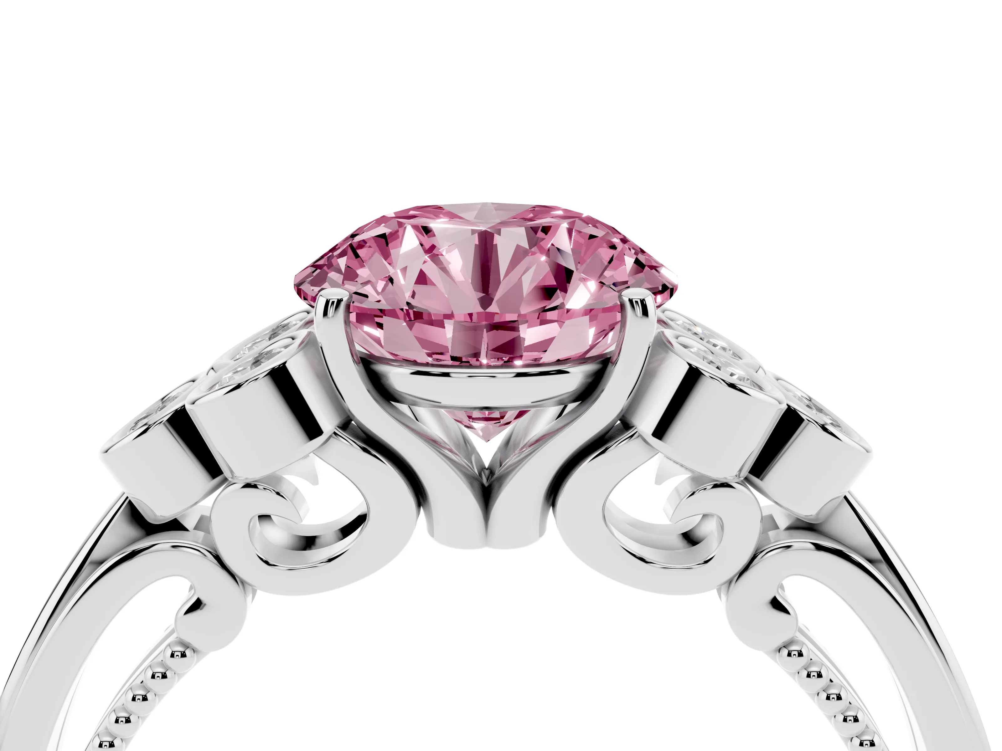 Fancy Pink Round Cut Diamond Engagement Ring Set in White gold with Bezel Set Round Side Stones and Prong Setting