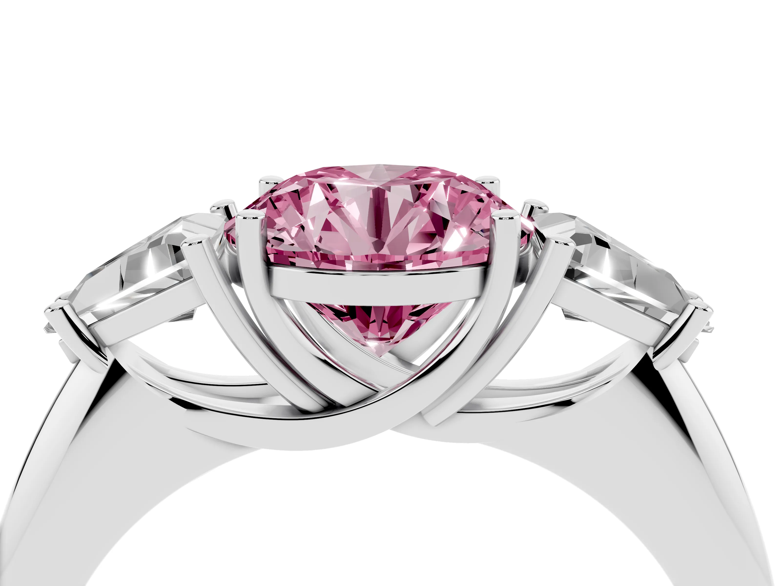 Fancy Pink Round Cut Diamond Three-Stone Engagement Ring Set in White gold with Trillion Side Stones