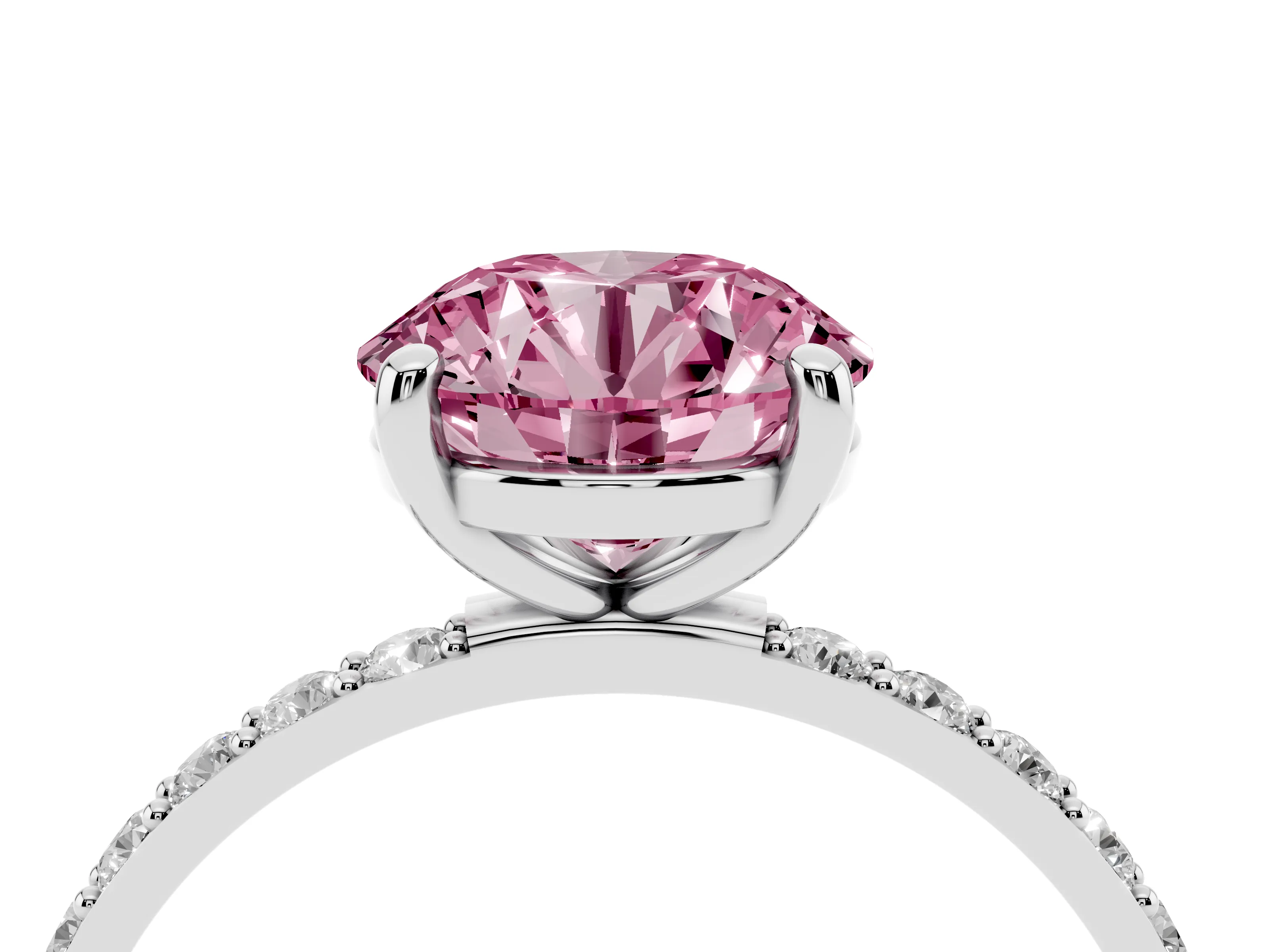 Fancy Pink Round Cut Diamond Solitaire Ring Set in Platinum with Round Pavé Band and Prong Setting