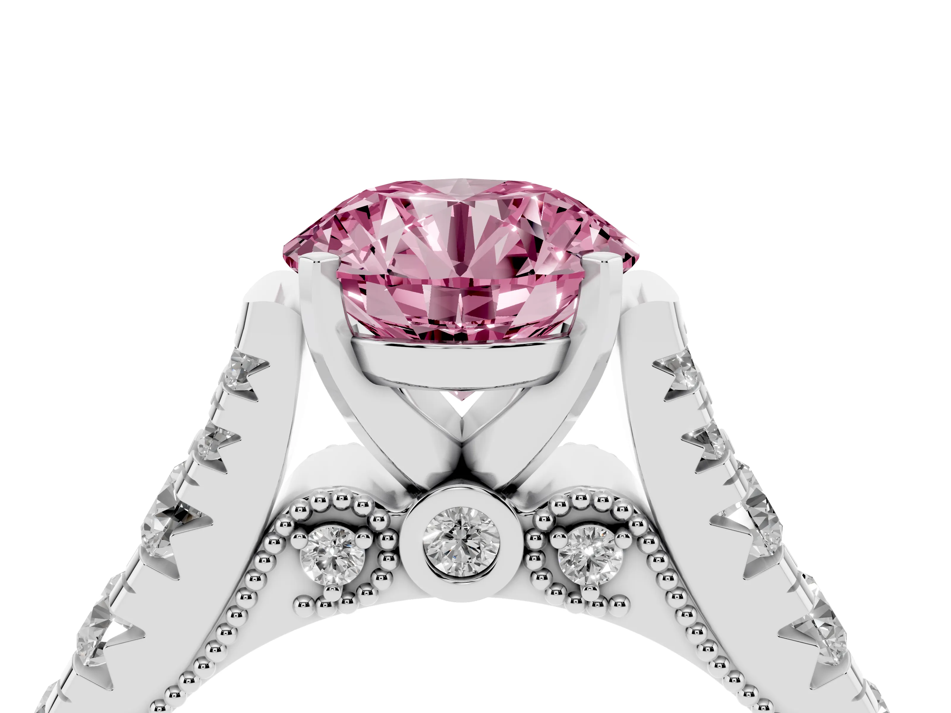 Fancy Pink Round Cut Diamond Classic Solitaire Ring Set in Platinum with Pavé Band and Prong Setting