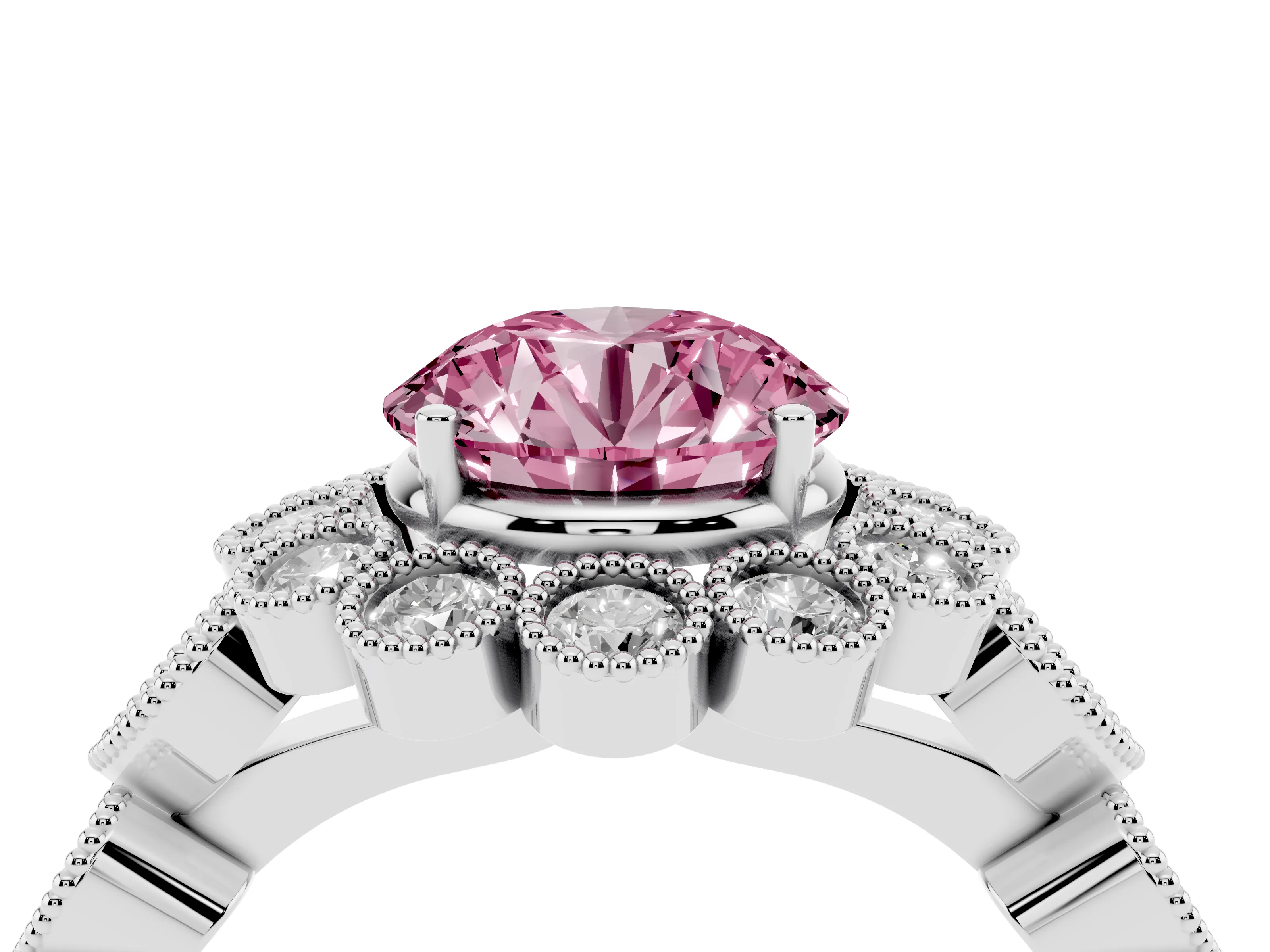 Fancy Pink Round Cut Diamond Solitaire Ring Set in White gold with Milgrain Pavé Heart Band