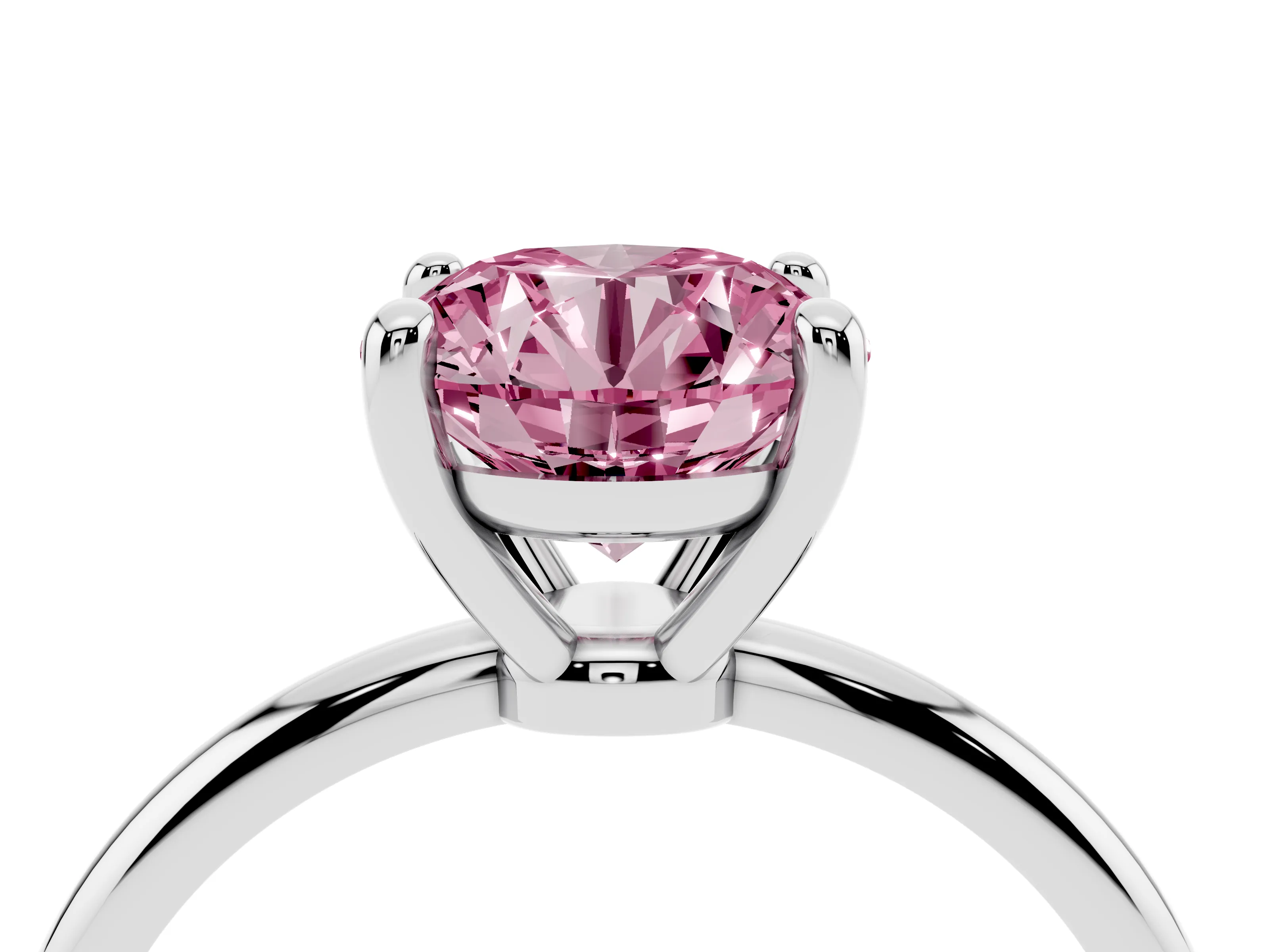 Fancy Pink Round Cut Diamond Solitaire Ring Set in Silver with Secure Prong Setting on a Classic Band
