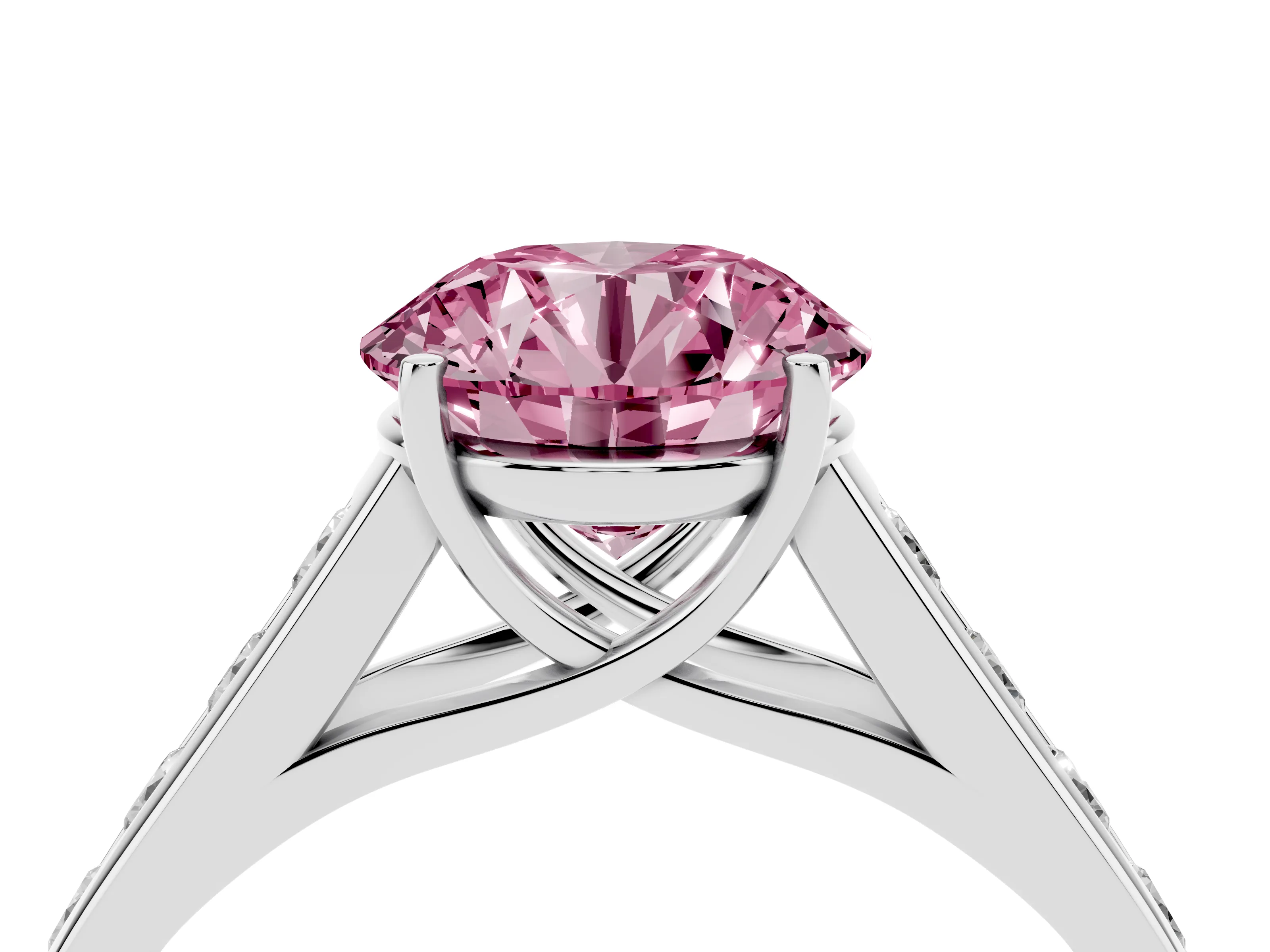 Fancy Pink Round Cut Diamond Solitaire Channel-Set Engagement Ring Set in Silver with Prong Setting