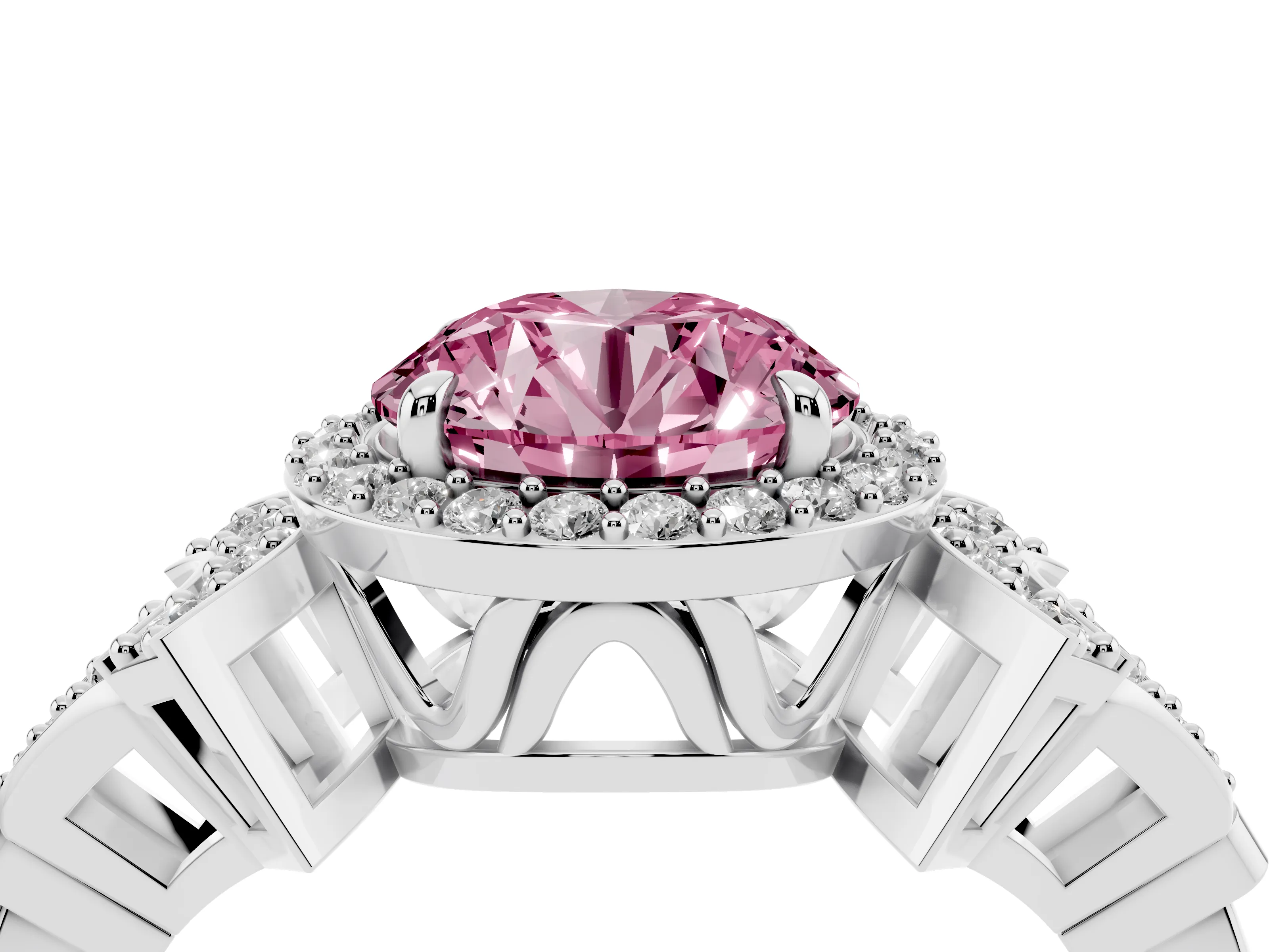 Fancy Pink Round Cut Diamond Halo Engagement Ring Set in Silver with Accent Stone Split Shank