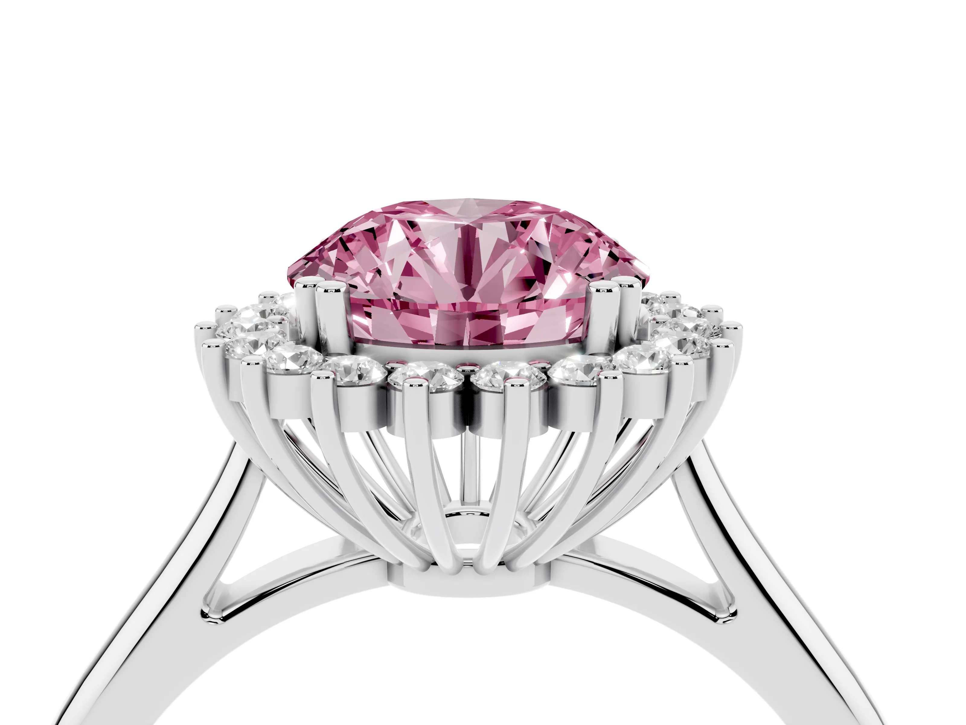 Fancy Pink Round Cut Diamond Halo Ring Set in White gold with Plain Solitaire Band and Prong Setting