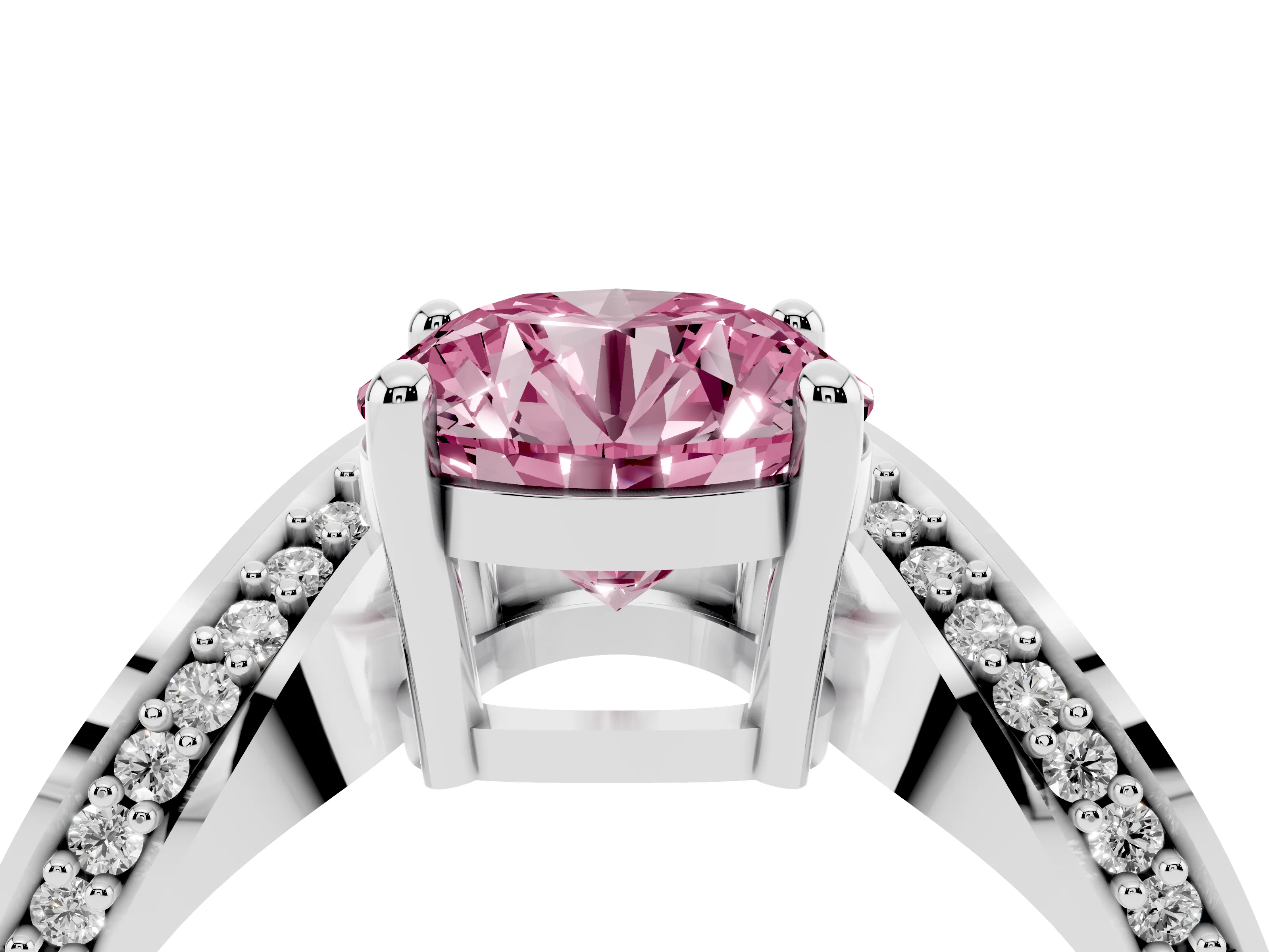 Fancy Pink Round Cut Diamond Solitaire Engagement Ring Set in White gold with Pavé Shoulders