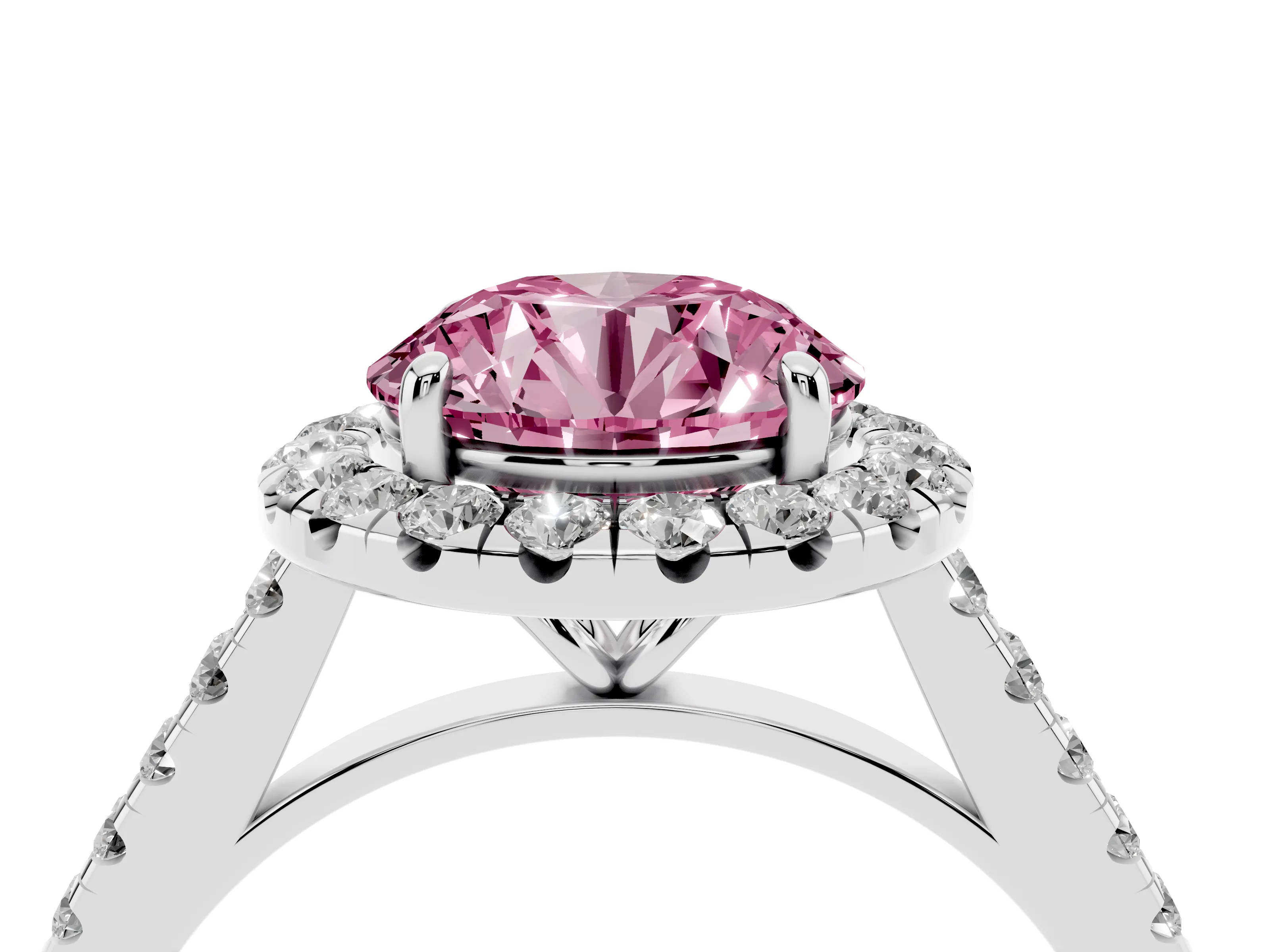 Fancy Pink Round Cut Diamond Halo Pavé Engagement Ring Set in White gold with Prong Setting