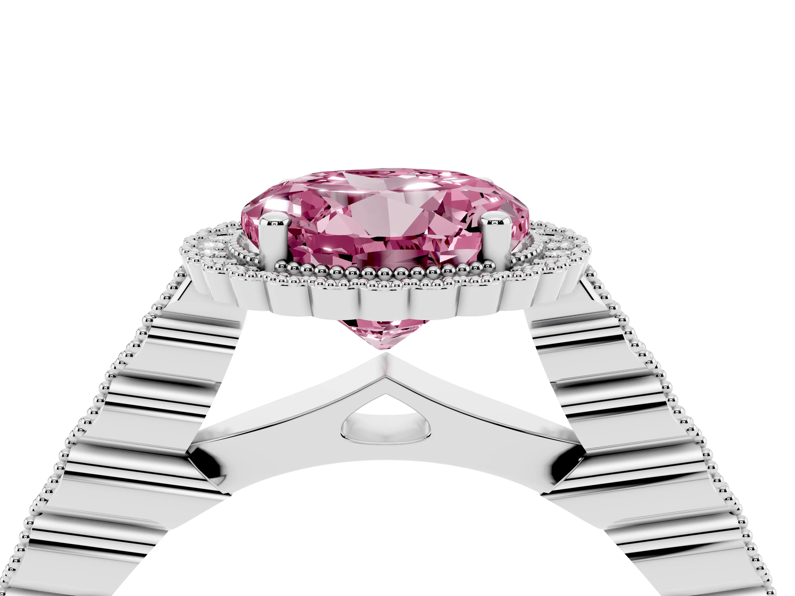 Fancy Pink Round Cut Diamond Halo Ring Set in Silver with Pavé Milgrain Band