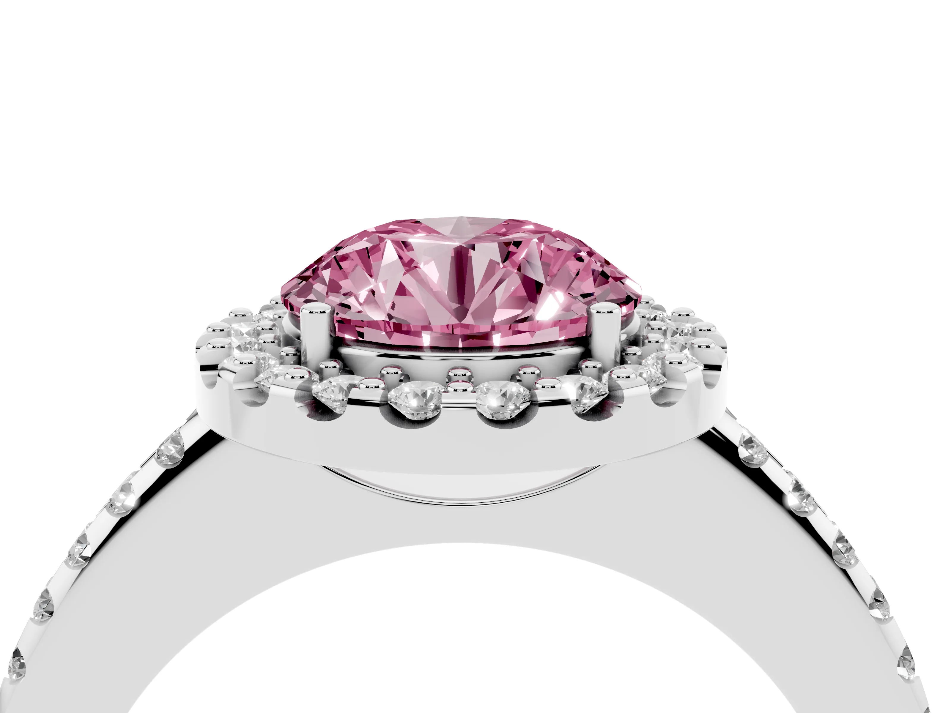 Fancy Pink Round Cut Diamond Pavé Halo Ring Set in Silver with Prong Setting