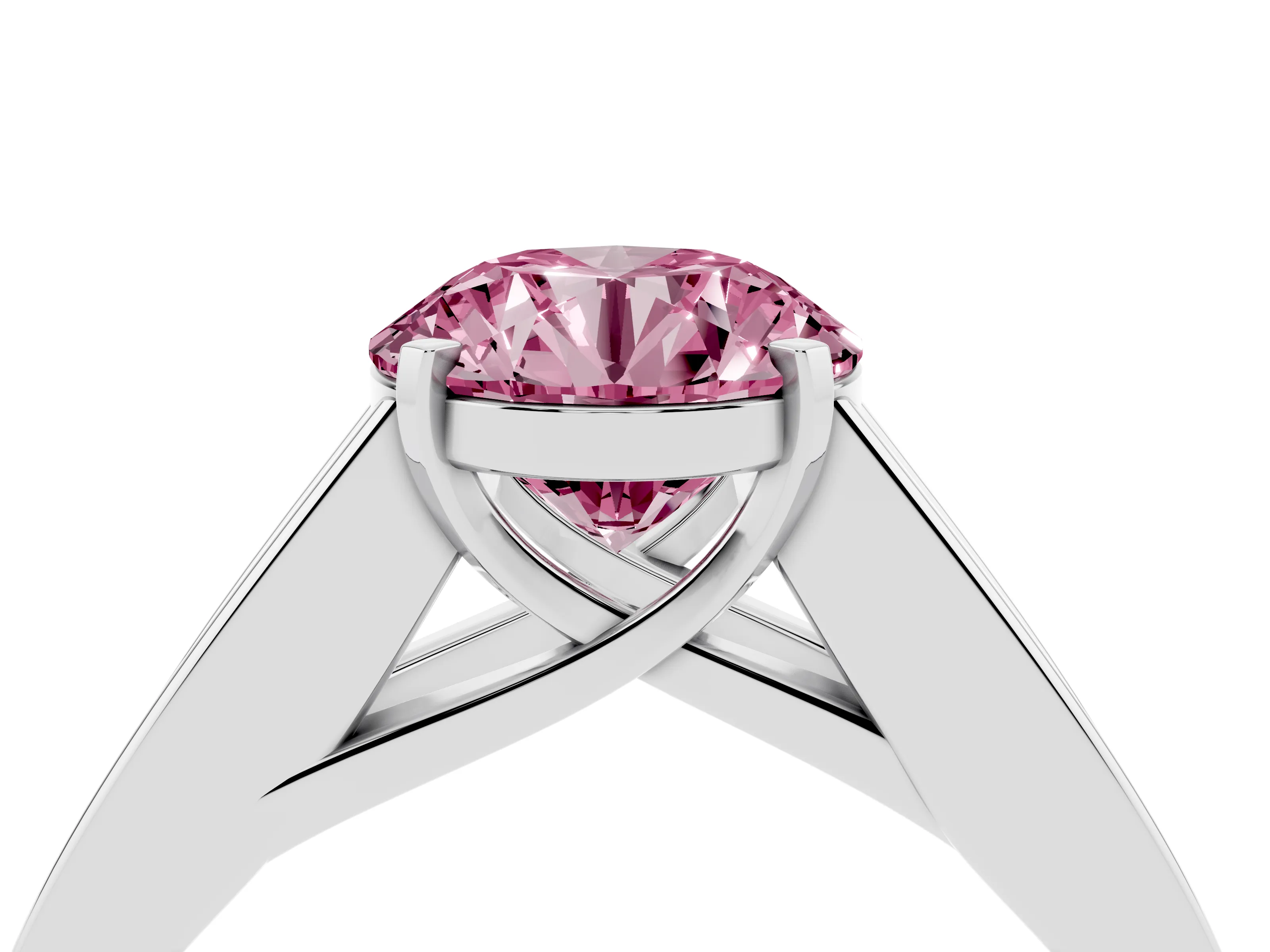Fancy Pink Round Cut Diamond Solitaire Ring Set in Silver with Channel-Set Accent Stones and Prong Setting