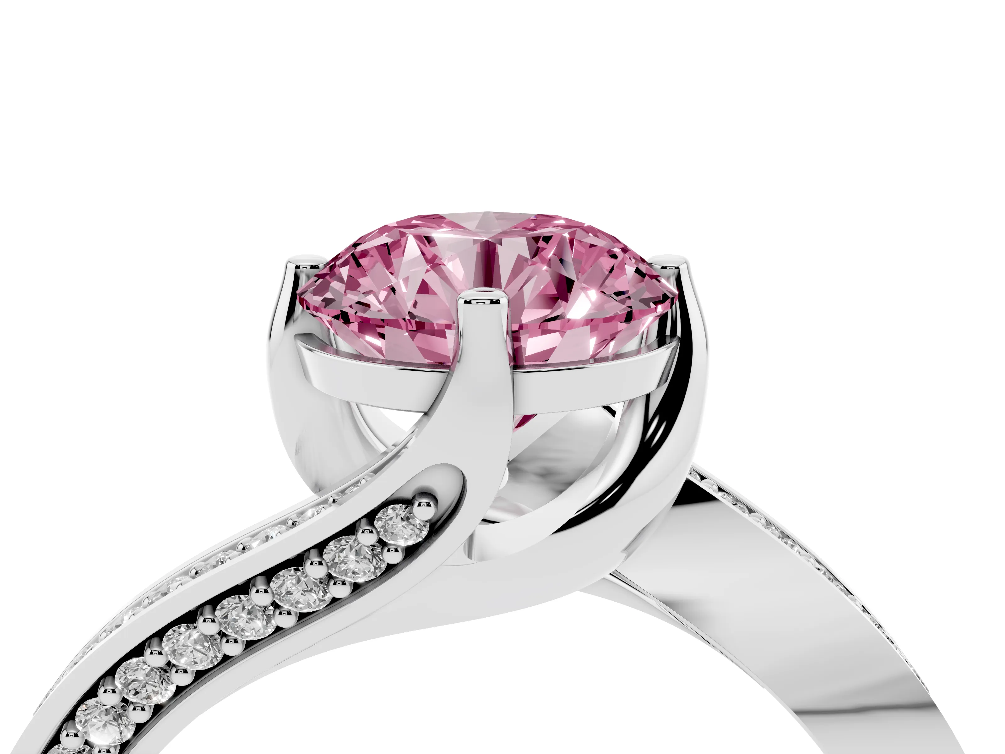 Fancy Pink Round Cut Diamond Solitaire Ring Set in Silver with Intertwined Pavé Twist Band