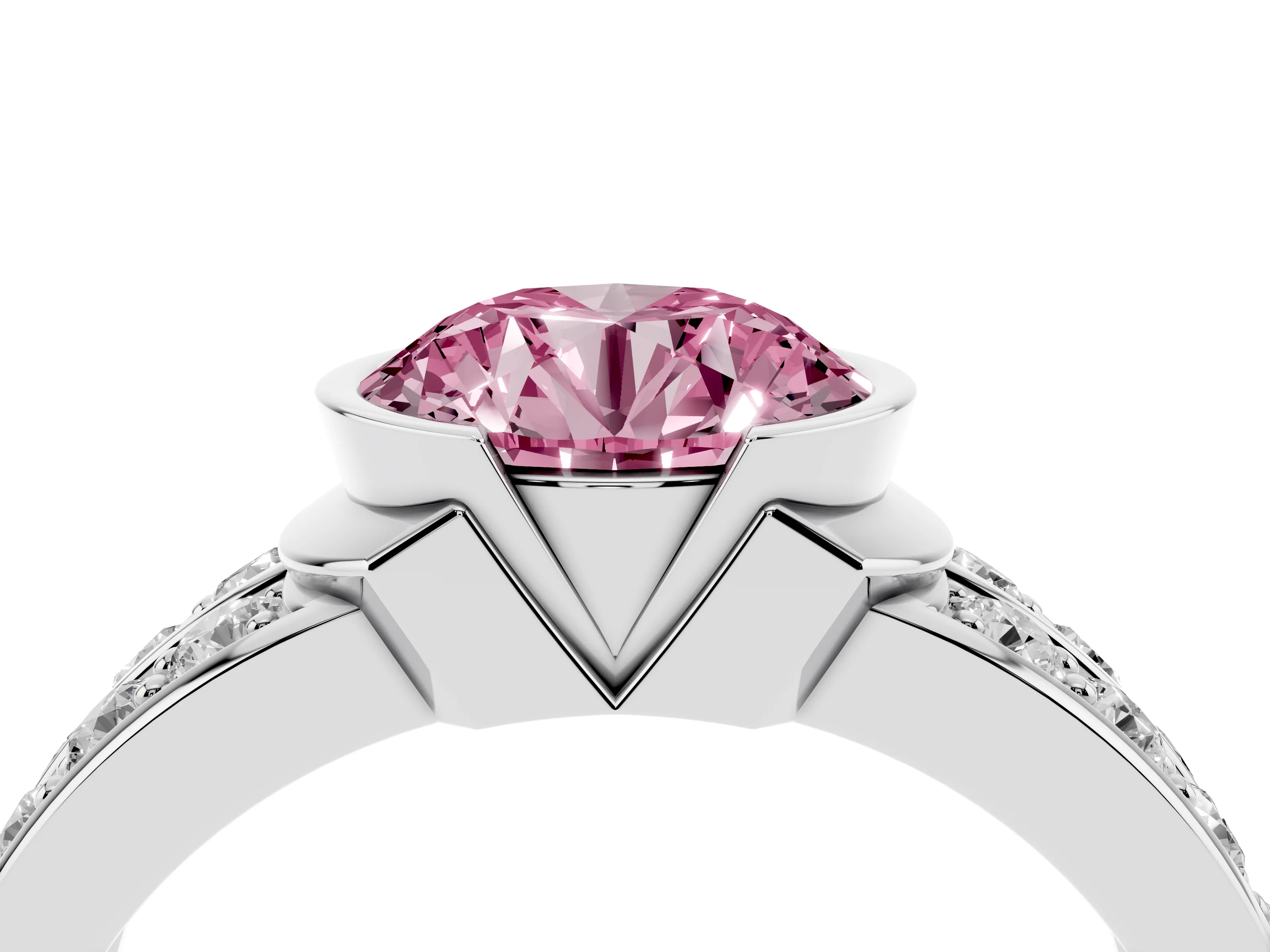 Fancy Pink Round Cut Diamond Wide Channel Set Band Ring Set in Silver with Bezel Setting