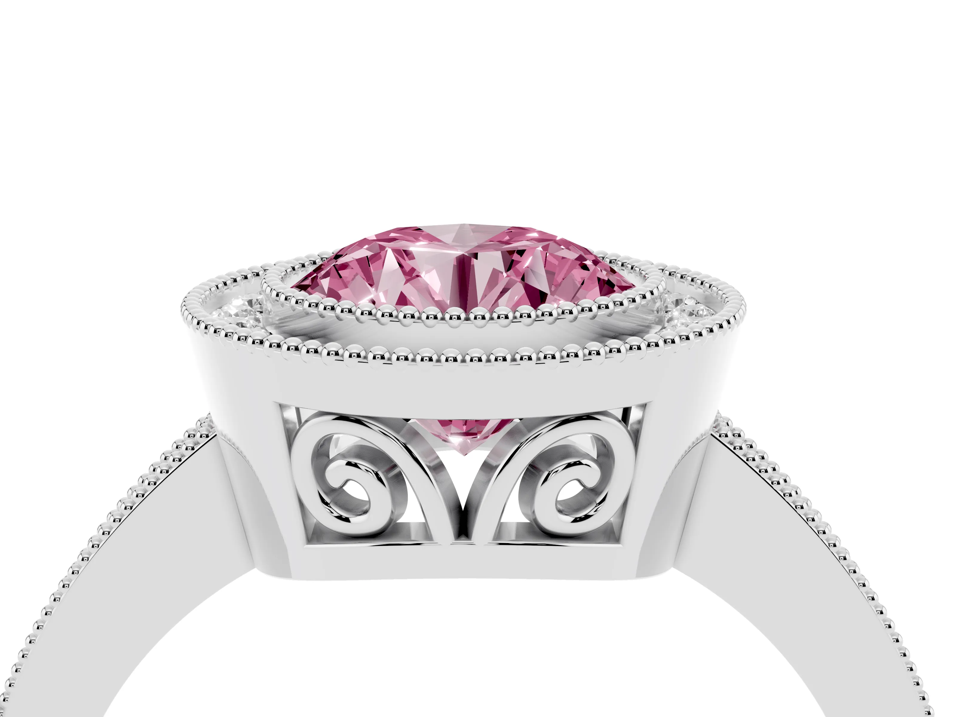 Fancy Pink Round Cut Diamond Halo Ring Set in Platinum with Pavé Band and Milgrain-Edged Prongs