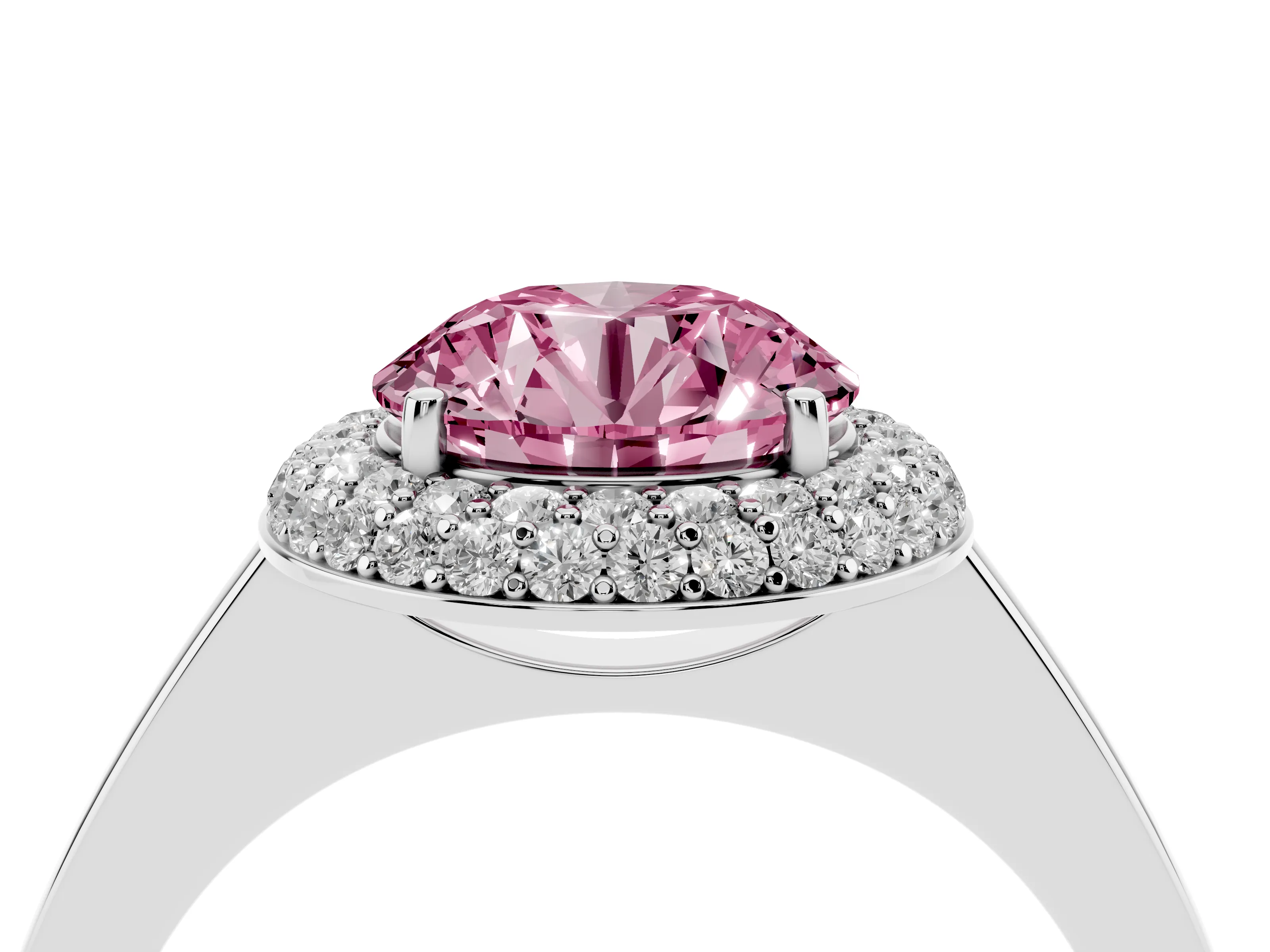Fancy Pink Round Cut Diamond Halo Engagement Ring Set in White gold with Solitaire Band and Prong Setting