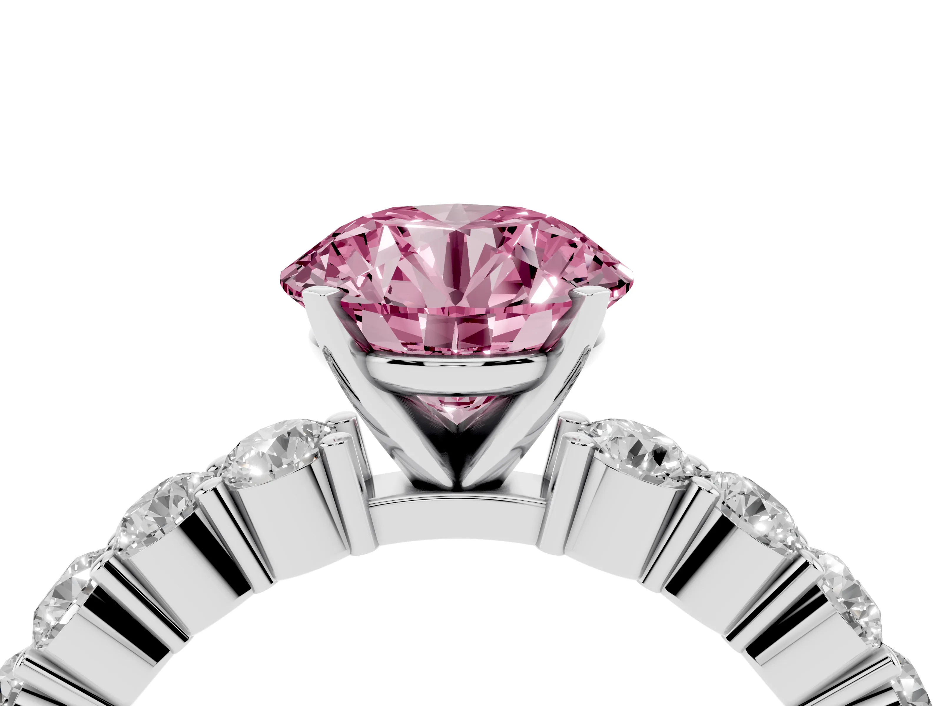 Fancy Pink Round Cut Diamond Solitaire Ring Set in Platinum with Shared Prong Round Side Stones
