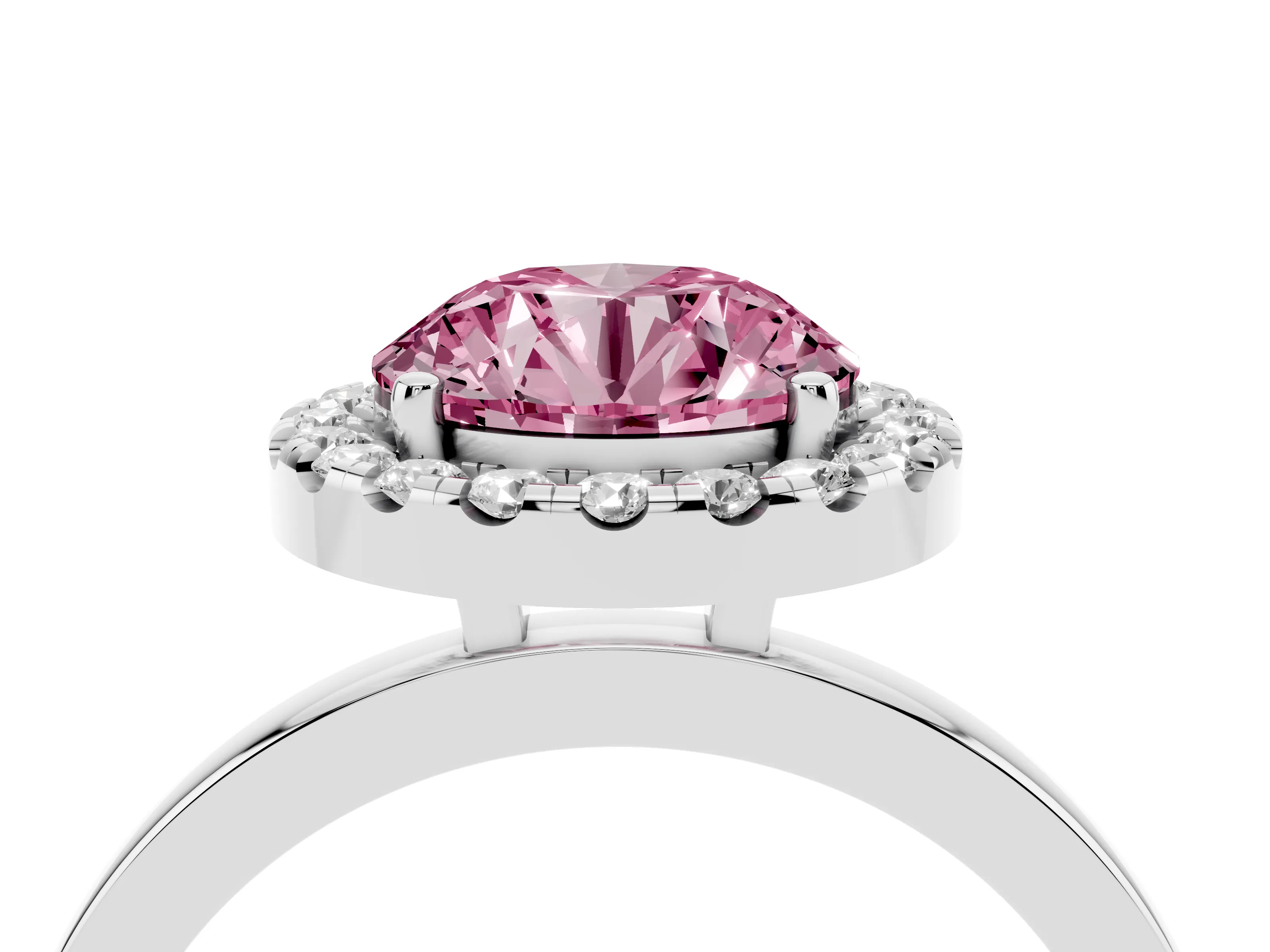 Fancy Pink Round Cut Diamond Halo Solitaire Ring Set in Platinum with Pavé Band and Prong Setting