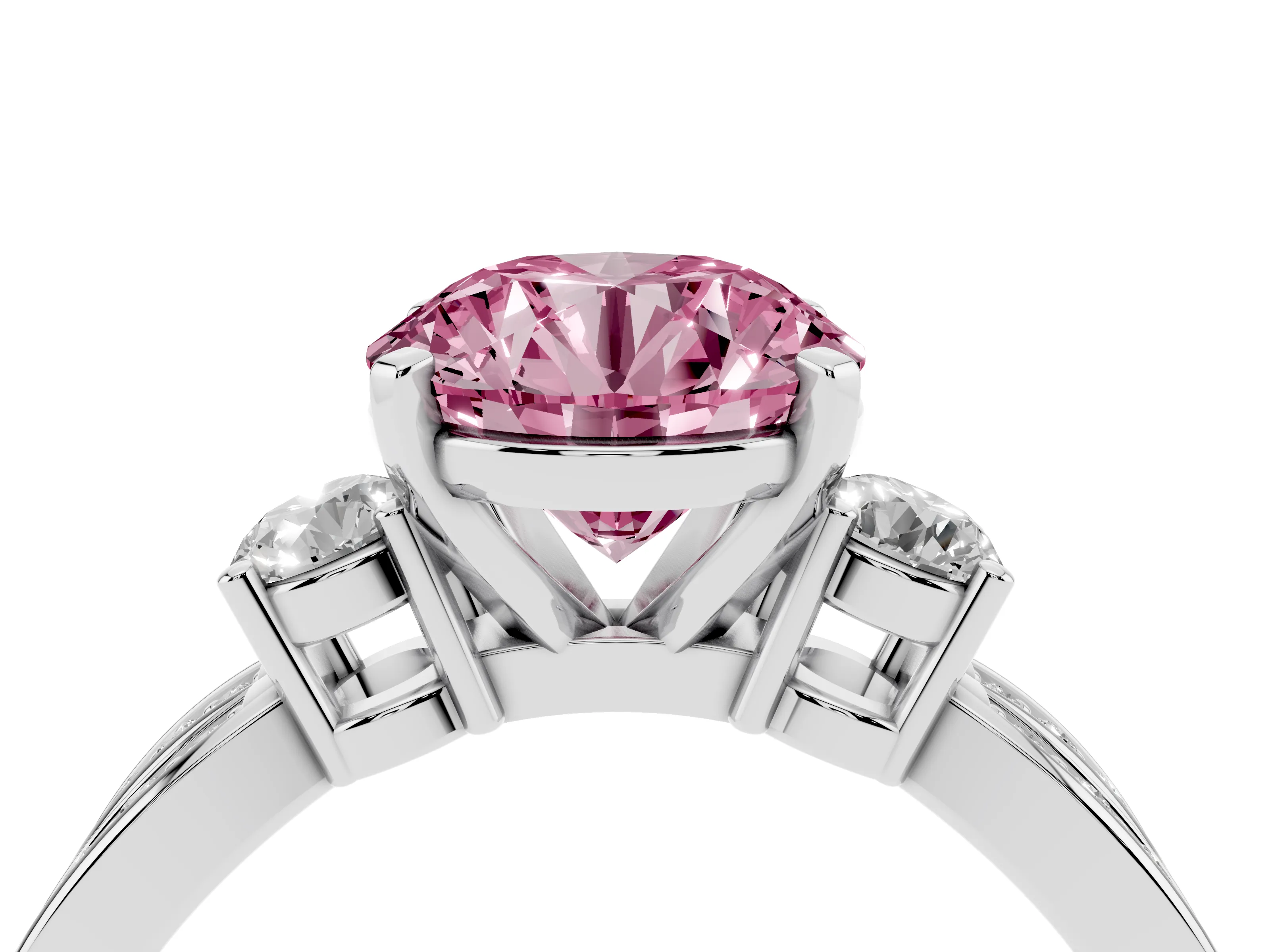 Fancy Pink Three-Stone Round Cut Diamond Twist Band Ring Set in Platinum with Pavé Accents and Prong Setting