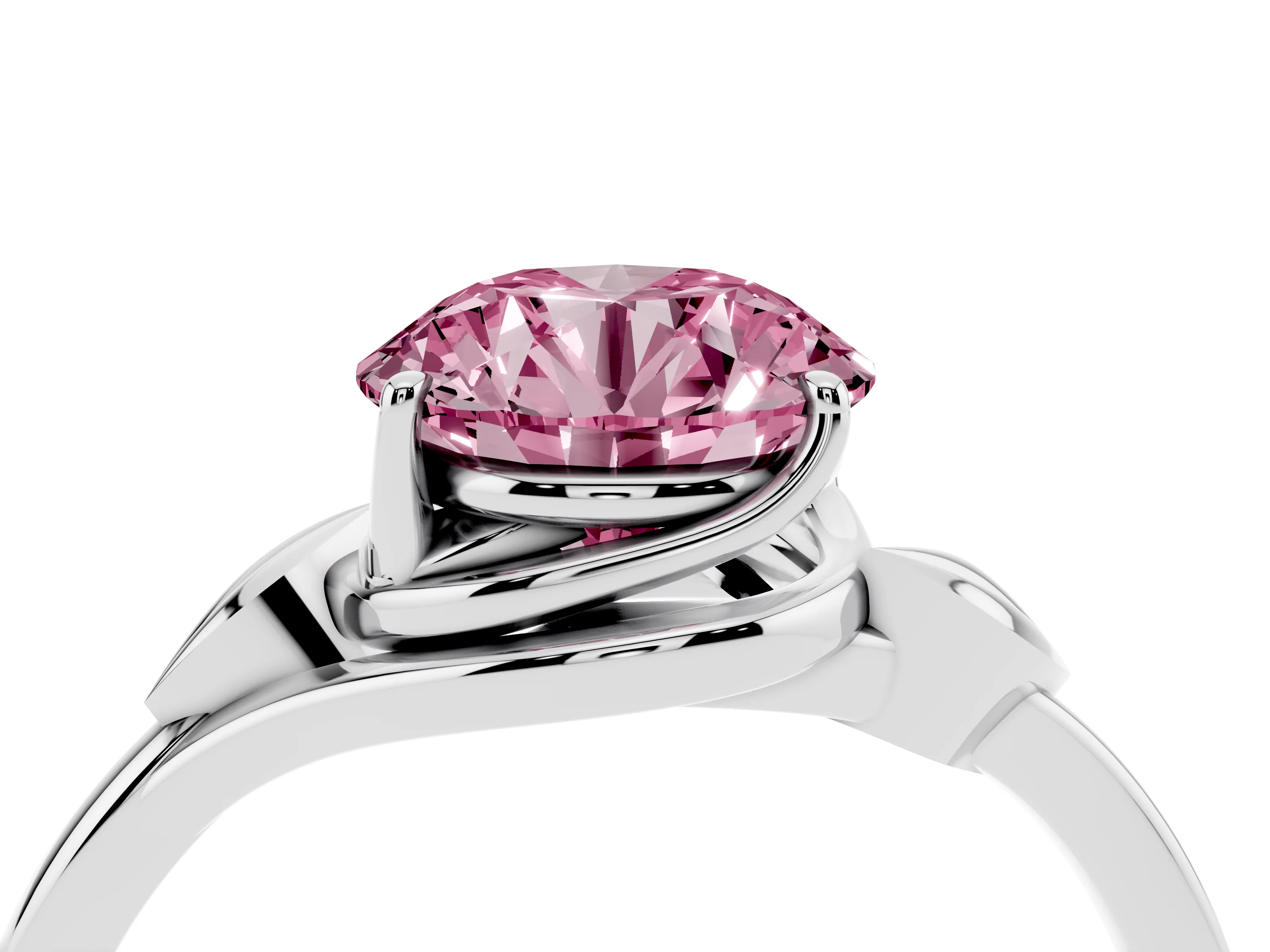 Fancy Pink Round Cut Diamond Solitaire Ring Set in White gold with Polished Twist Band