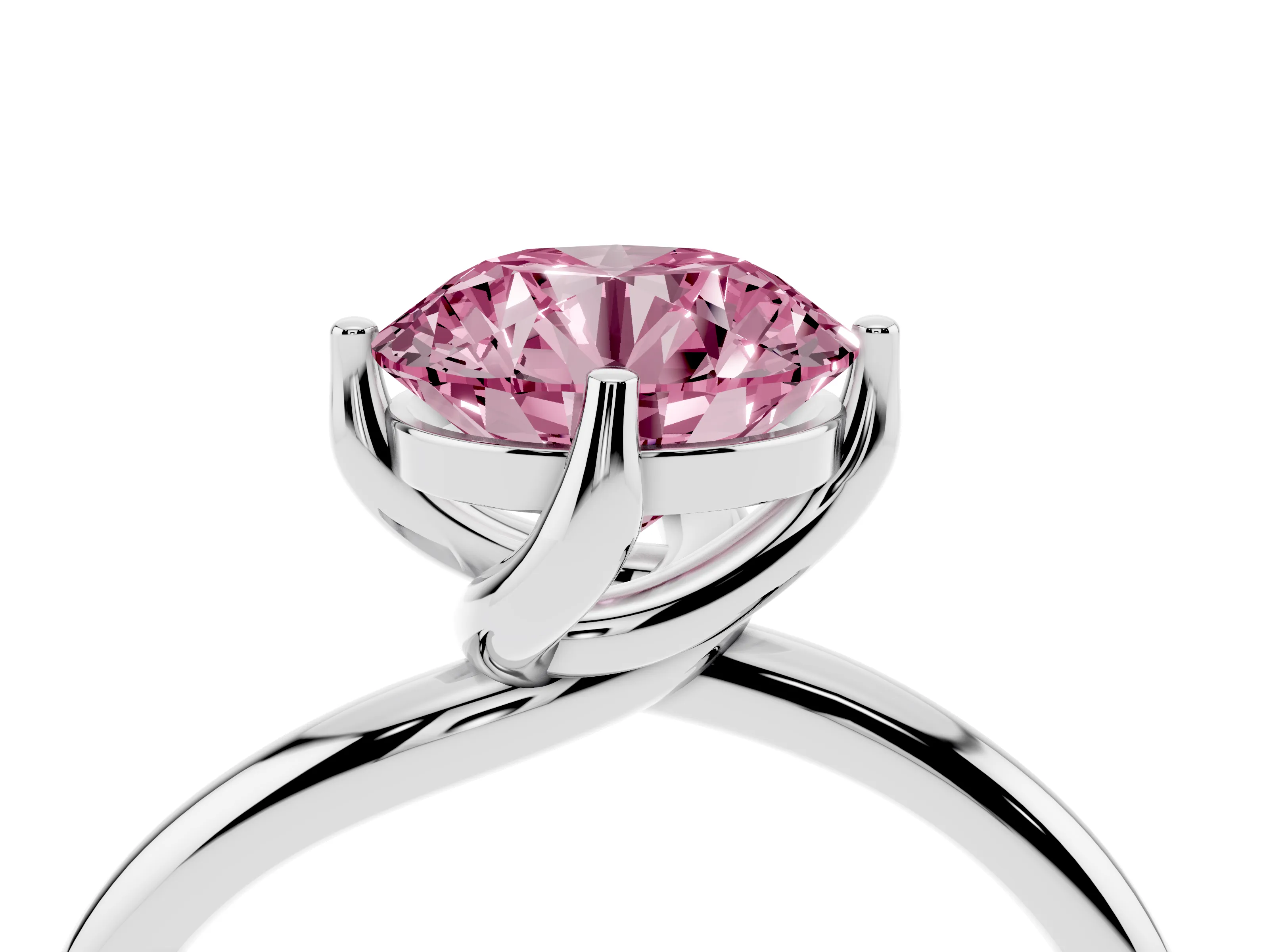 Fancy Pink Round Cut Diamond Solitaire Engagement Ring Set in White gold with Classic Plain Band