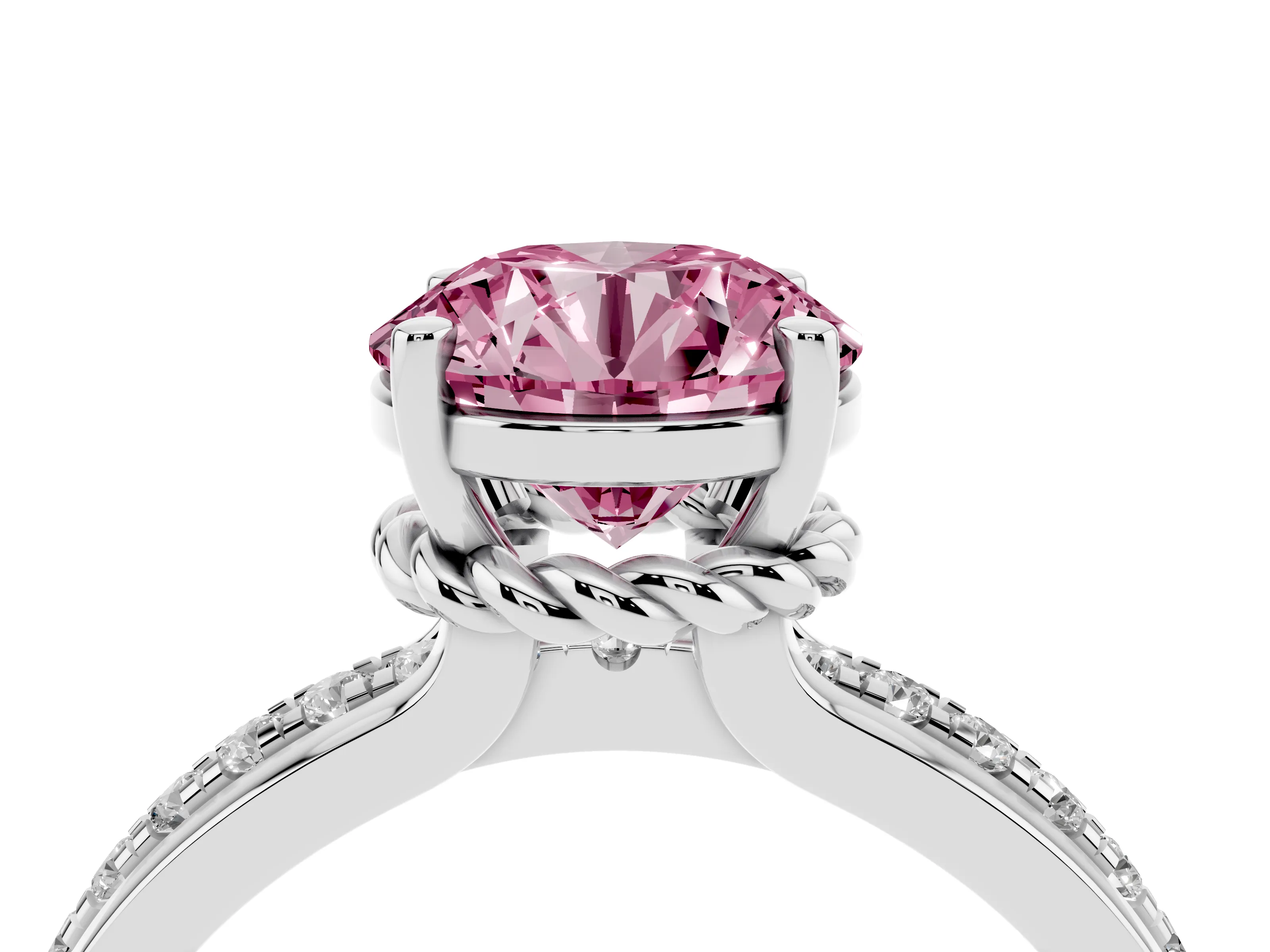 Fancy Pink Round Cut Diamond Solitaire Ring Set in Silver with Channel Set Band and Prong Setting
