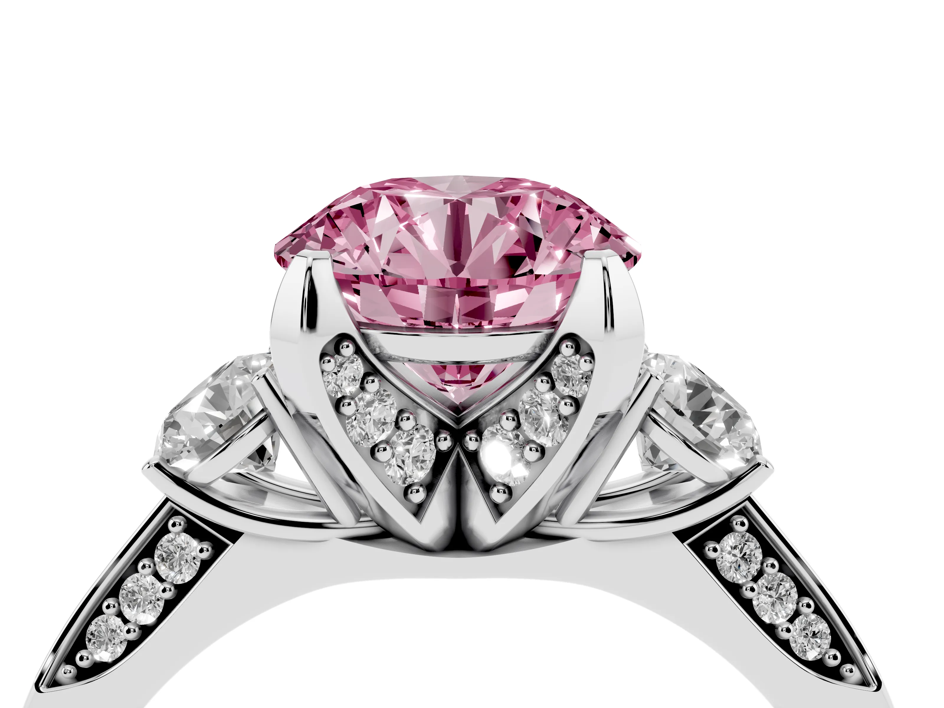 Fancy Pink Round Cut Diamond Three-Stone Ring Set in Platinum with Pavé Band and Smaller Side Stones