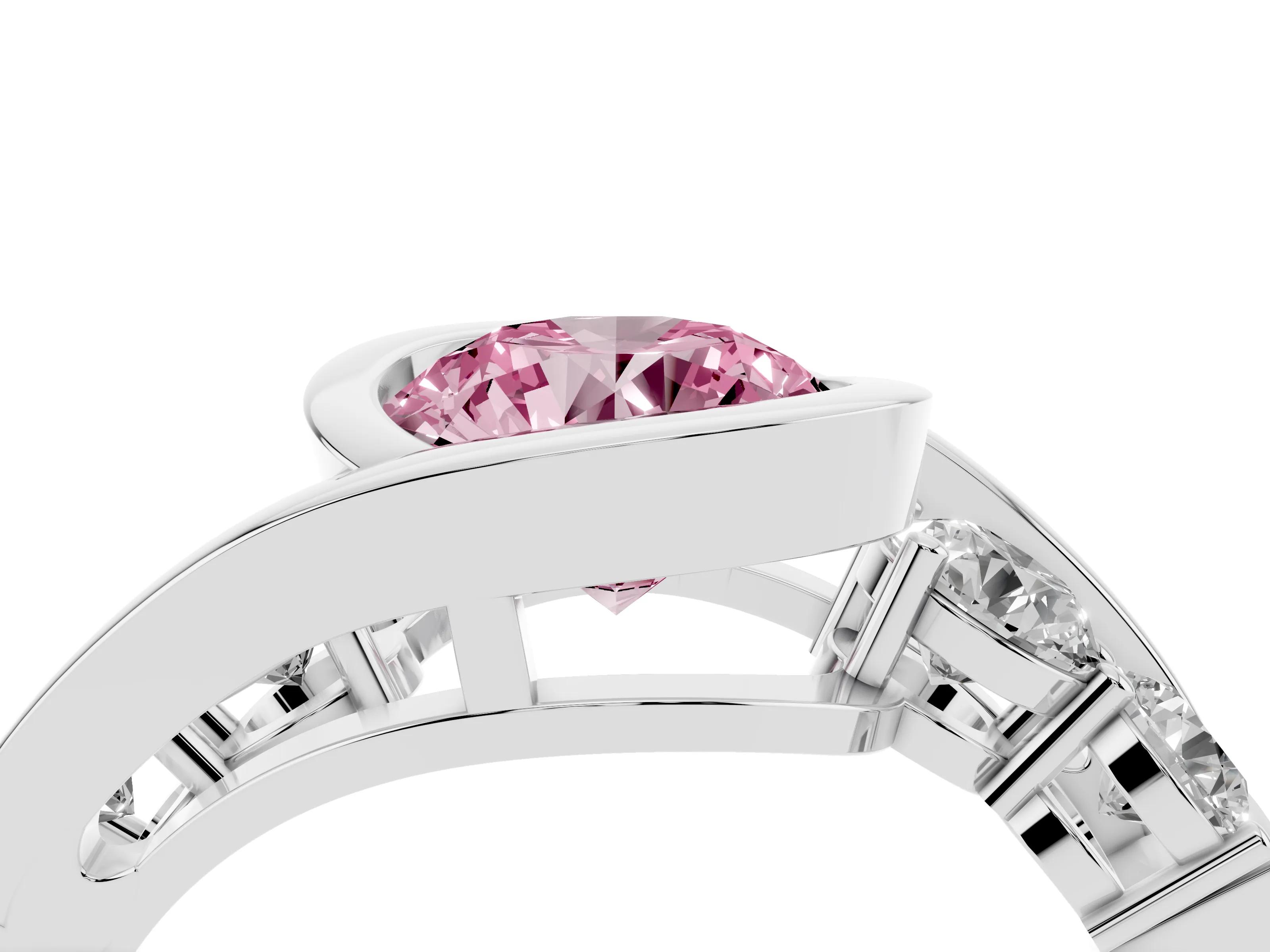 Fancy Pink Round Cut Diamond Bezel Bypass Ring Set in Silver with Round Accents