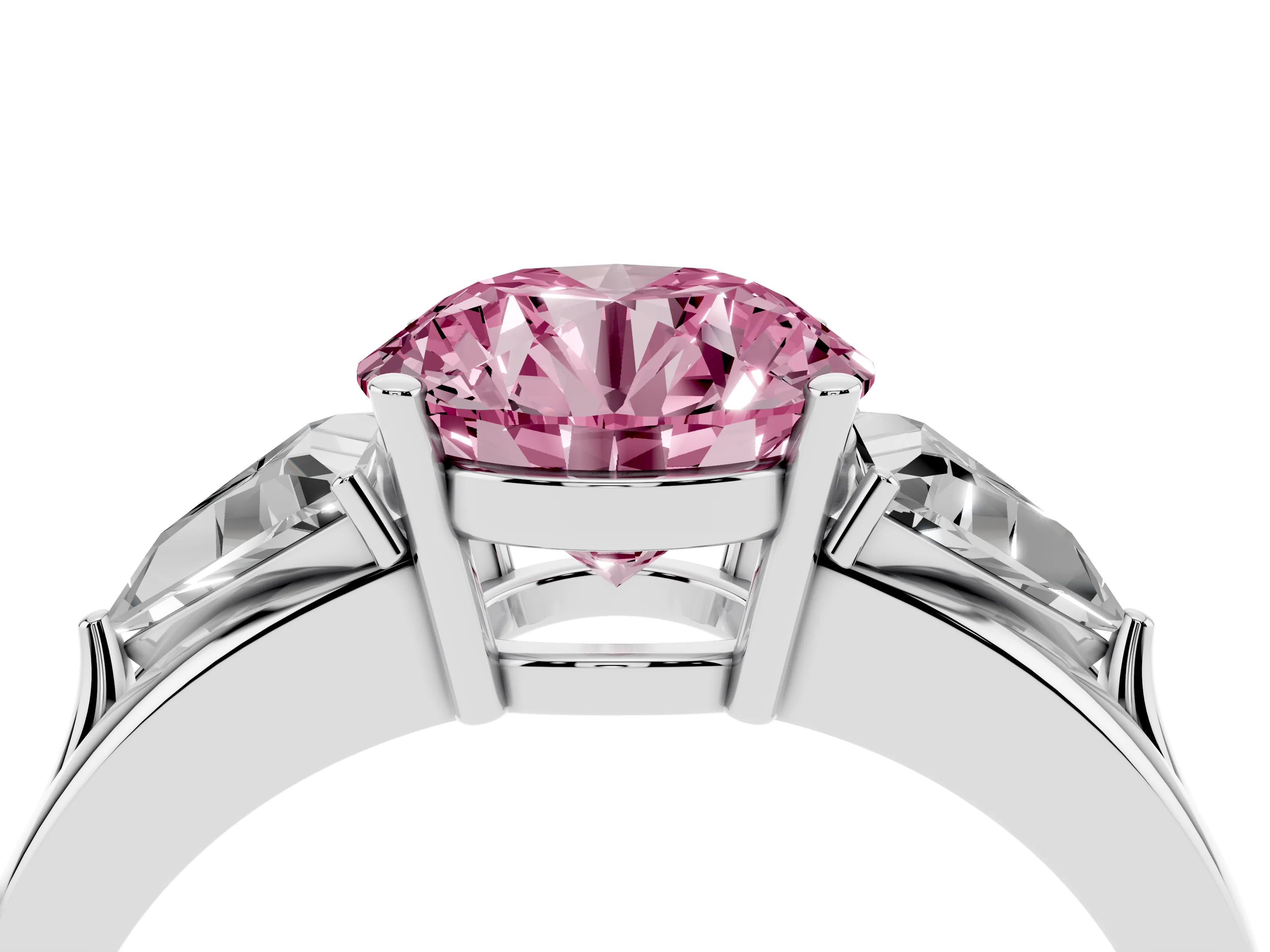 Fancy Pink Round Cut Diamond Three-Stone Ring Set in Silver with Trillion Side Stones and Split Shank