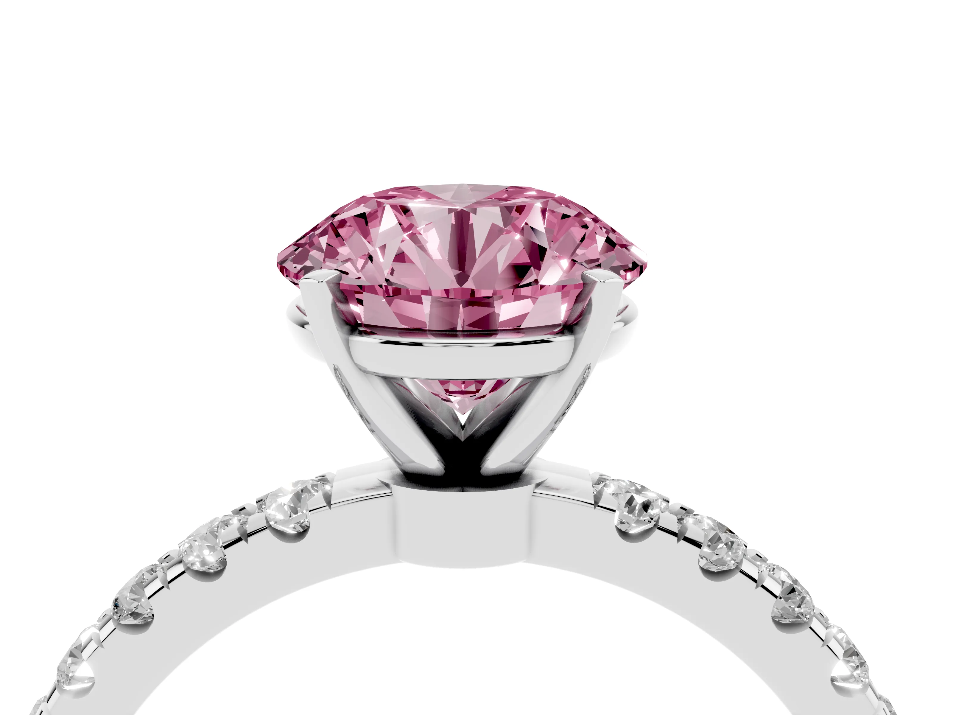 Fancy Pink Round Cut Diamond Solitaire Ring Set in Platinum with Pavé Accents and Prong Setting