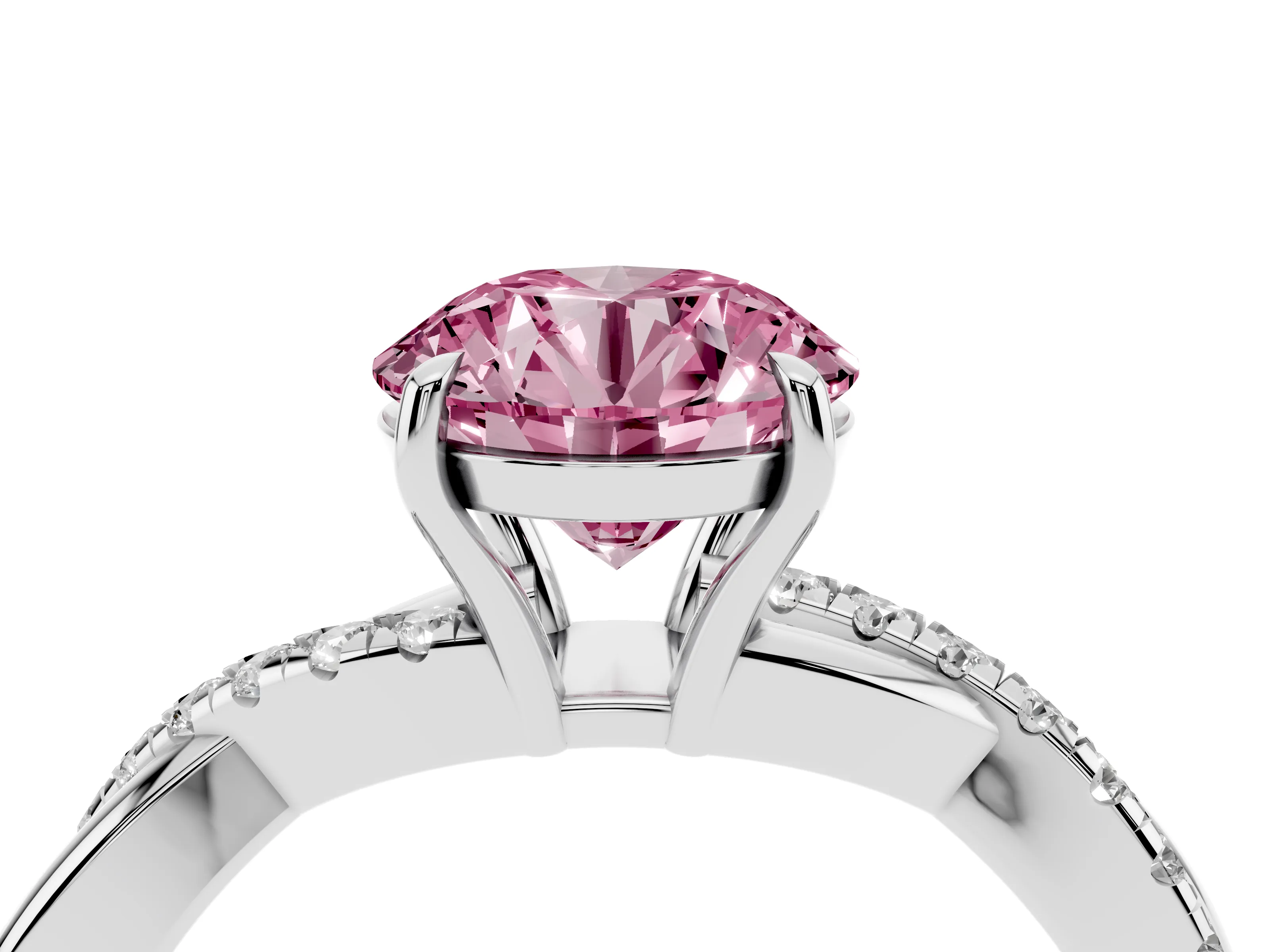 Fancy Pink Round Cut Diamond Twisted Pavé Band Ring Set in Silver with Prong Setting