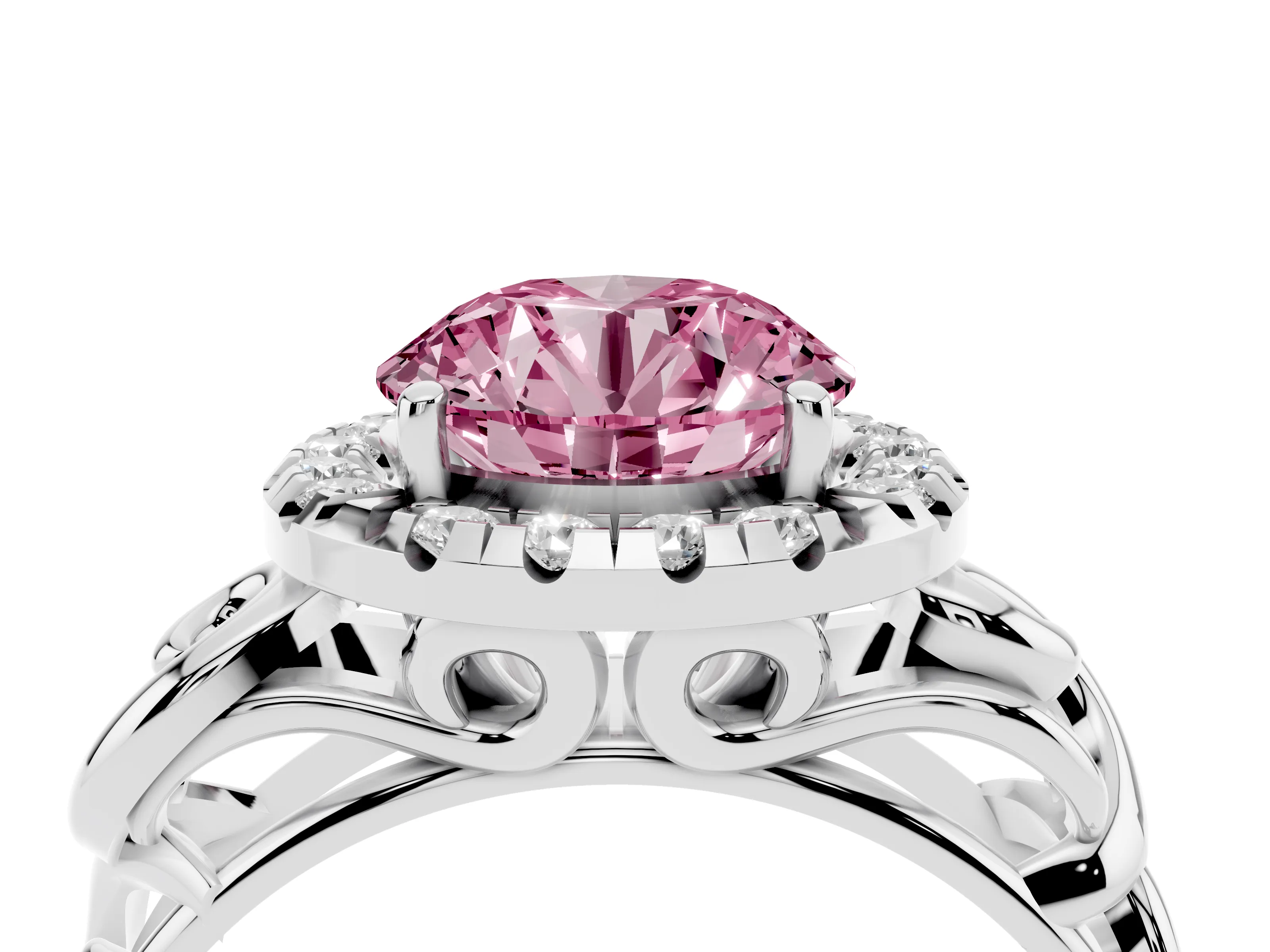 Fancy Pink Round Cut Diamond Halo Ring Set in Platinum with Scrollwork Band and Prong Setting