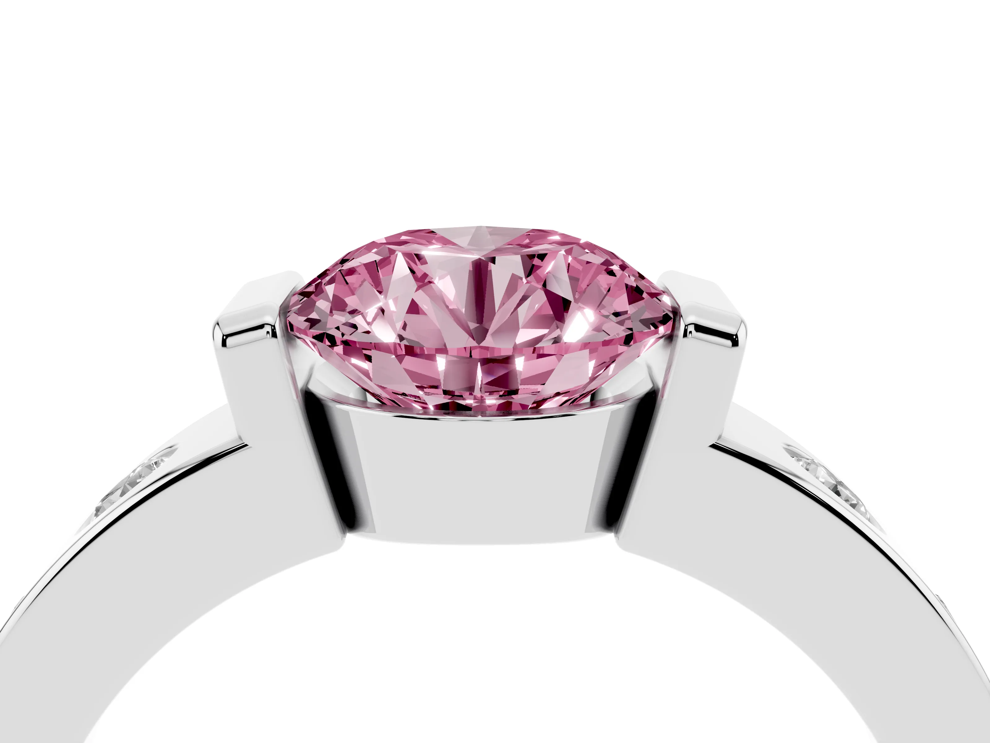 Fancy Pink Round Cut Diamond Channel-Set Band Ring Set in Silver with Bezel Prong Setting