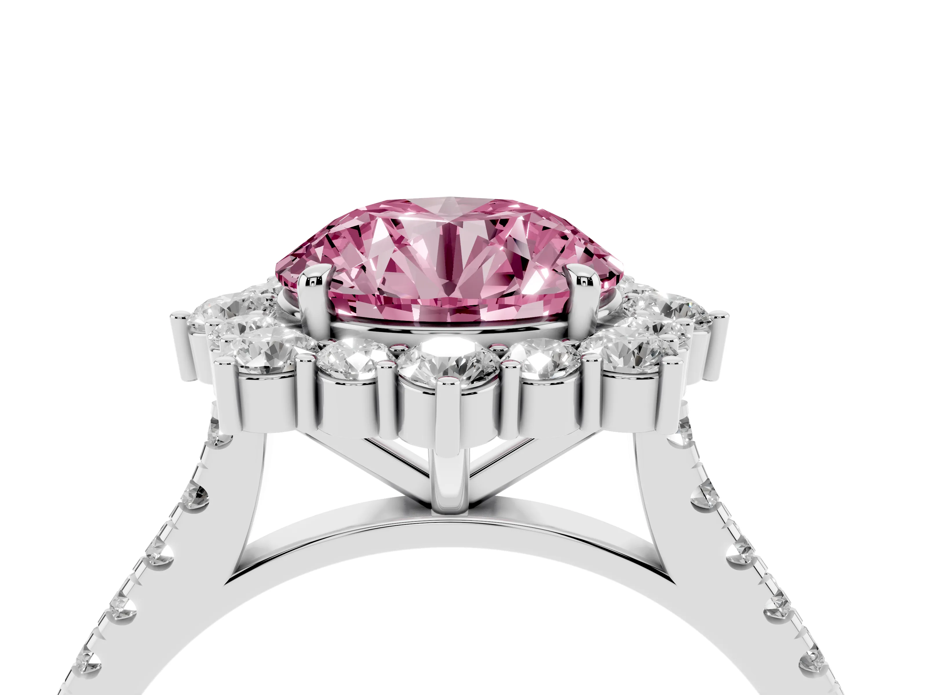 Fancy Pink Round Cut Diamond Halo Ring Set in Silver with Pavé Band and Prong Setting