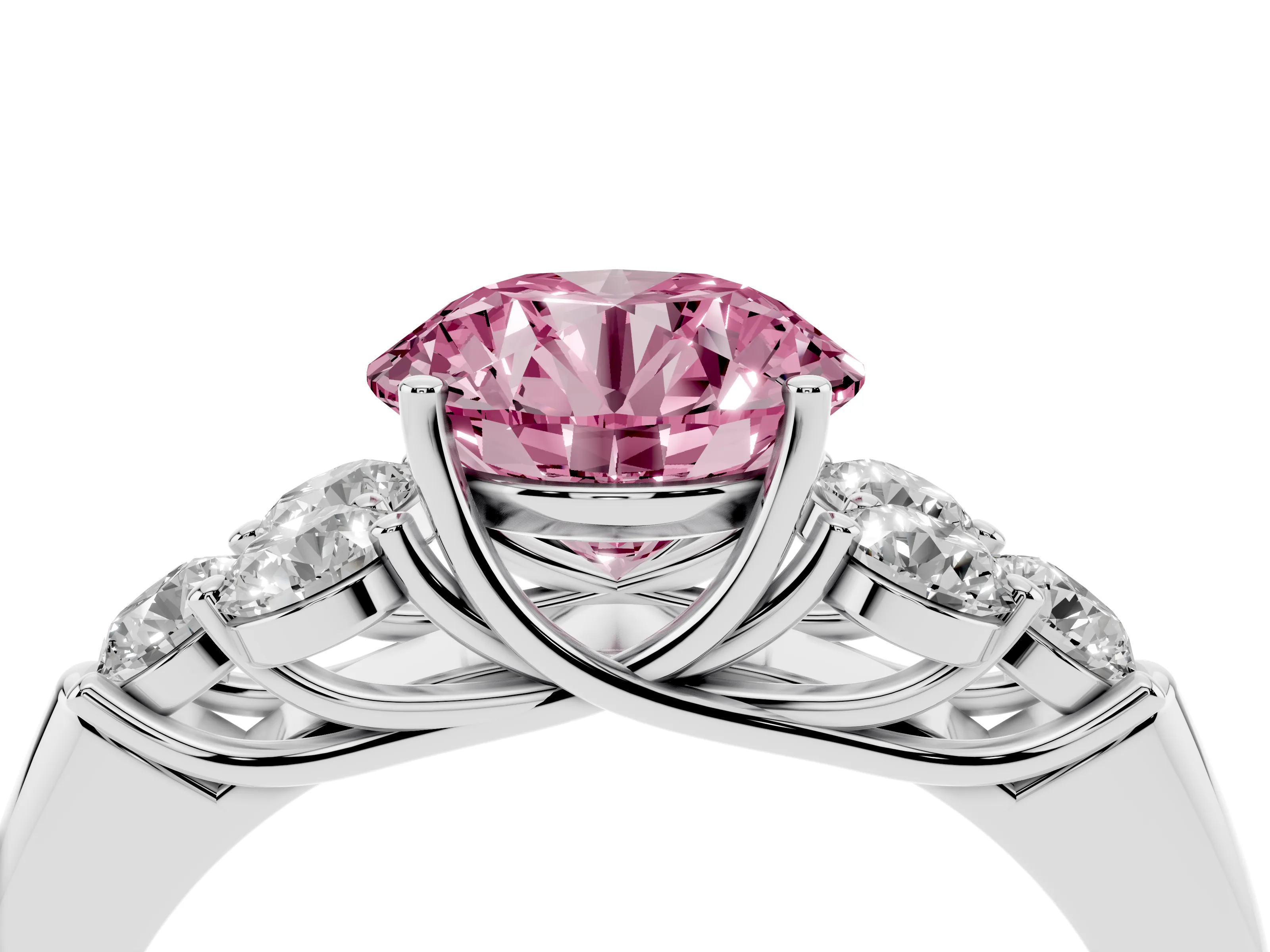 Fancy Pink Round Cut Diamond Cluster Ring Set in Silver with Round Accent Stones and Prong Setting on a Plain Band