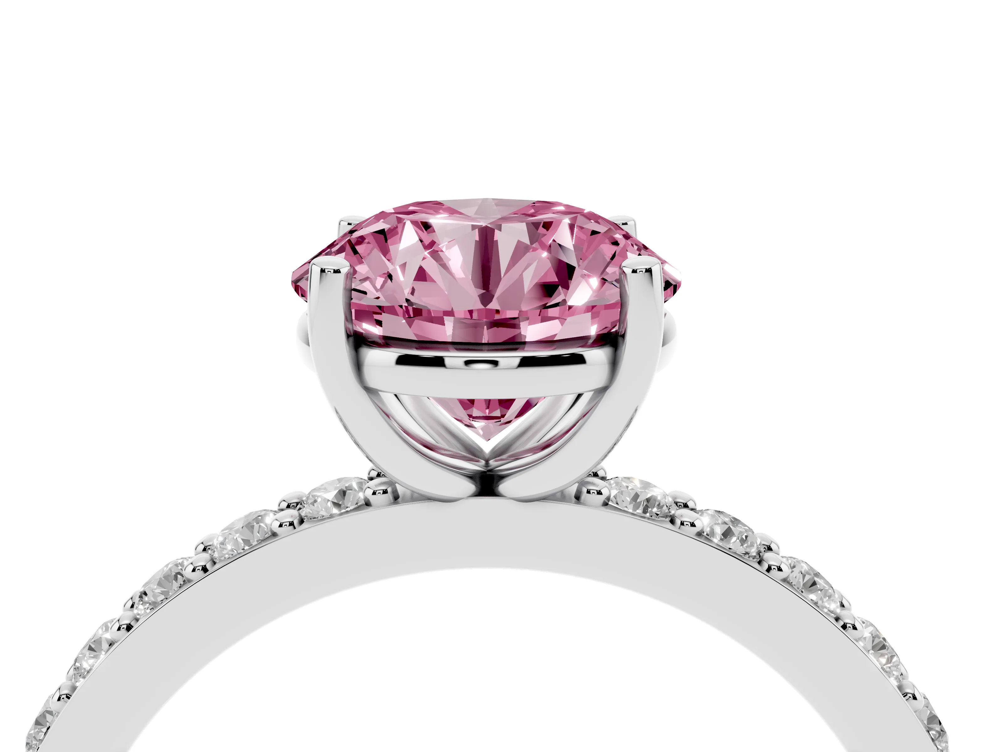 Fancy Pink Round Cut Diamond Solitaire Set in Platinum with Round Pavé Band and Prong Setting