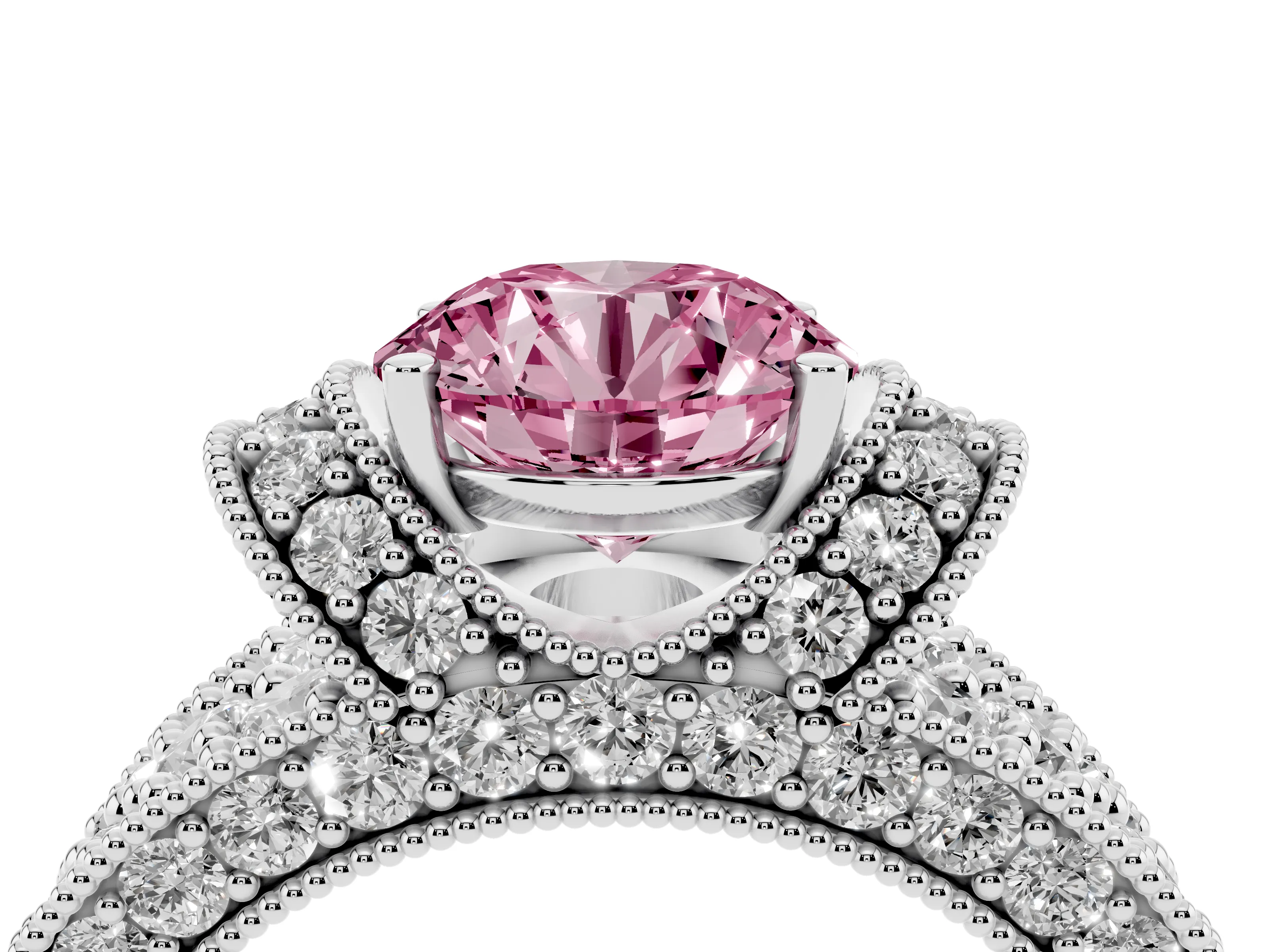 Fancy Pink Round Cut Diamond Milgrain Halo Pavé Engagement Ring Set in Silver with Prong Setting