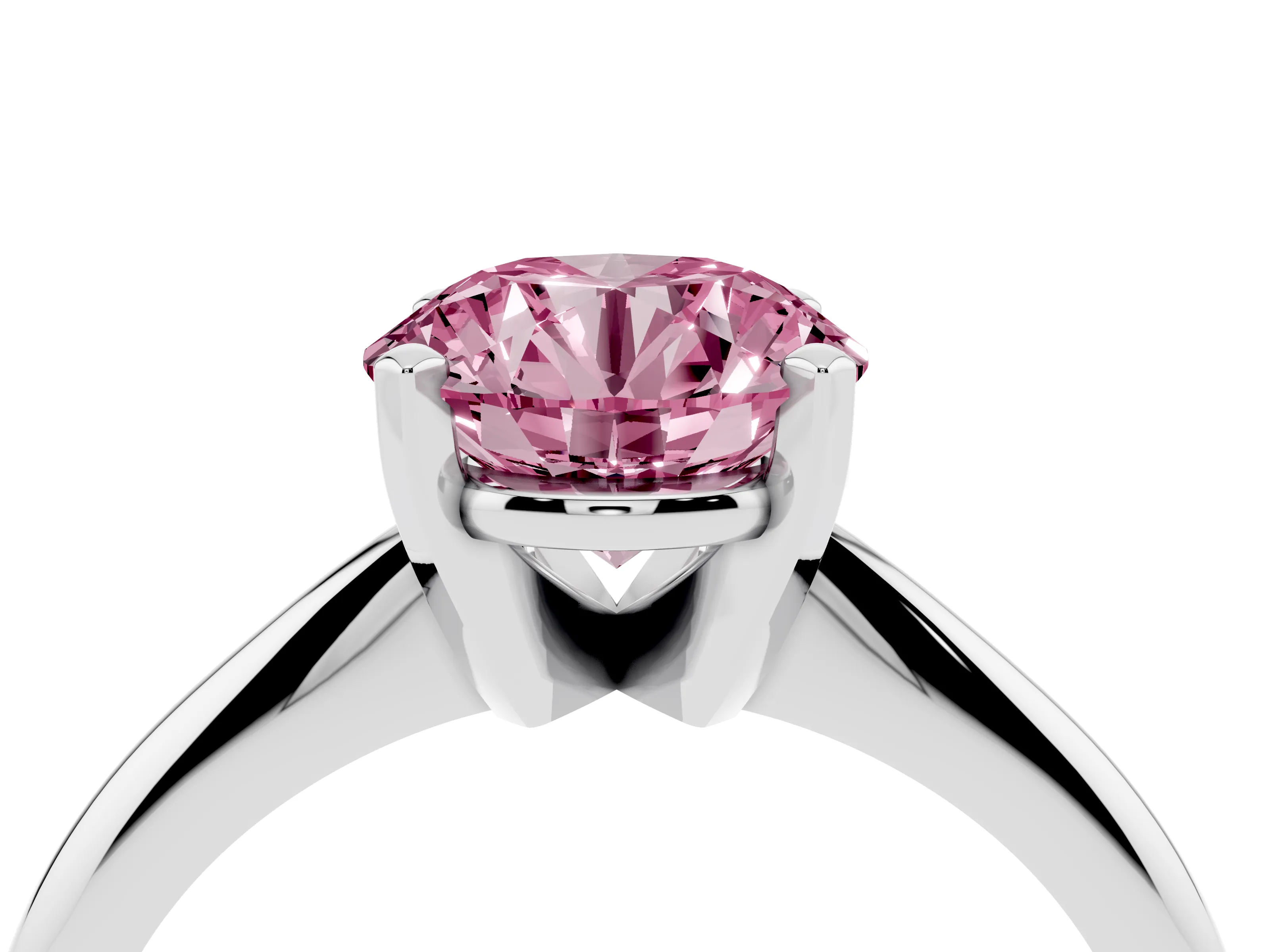 Fancy Pink Round Cut Diamond Solitaire Ring Set in Platinum with Prong Setting on a Plain Round Band