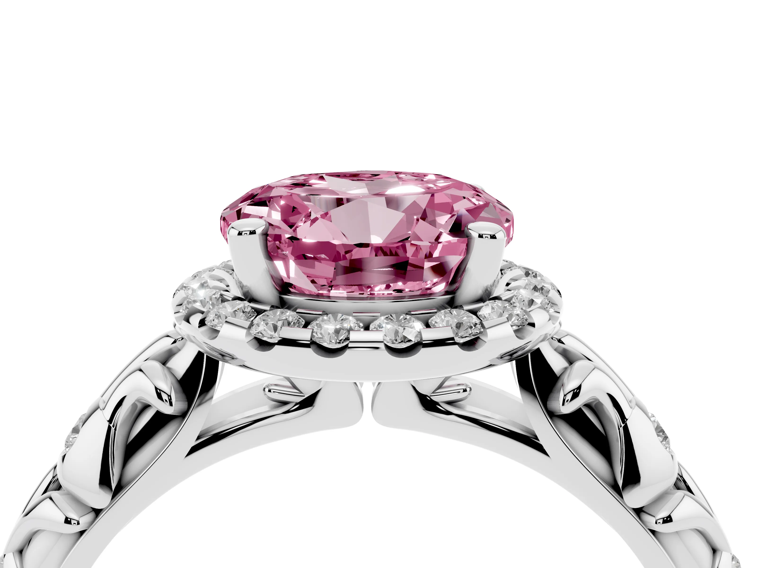 Fancy Pink Round Cut Diamond Halo Ring Set in Platinum with Filigree Leaf Band and Prong Setting