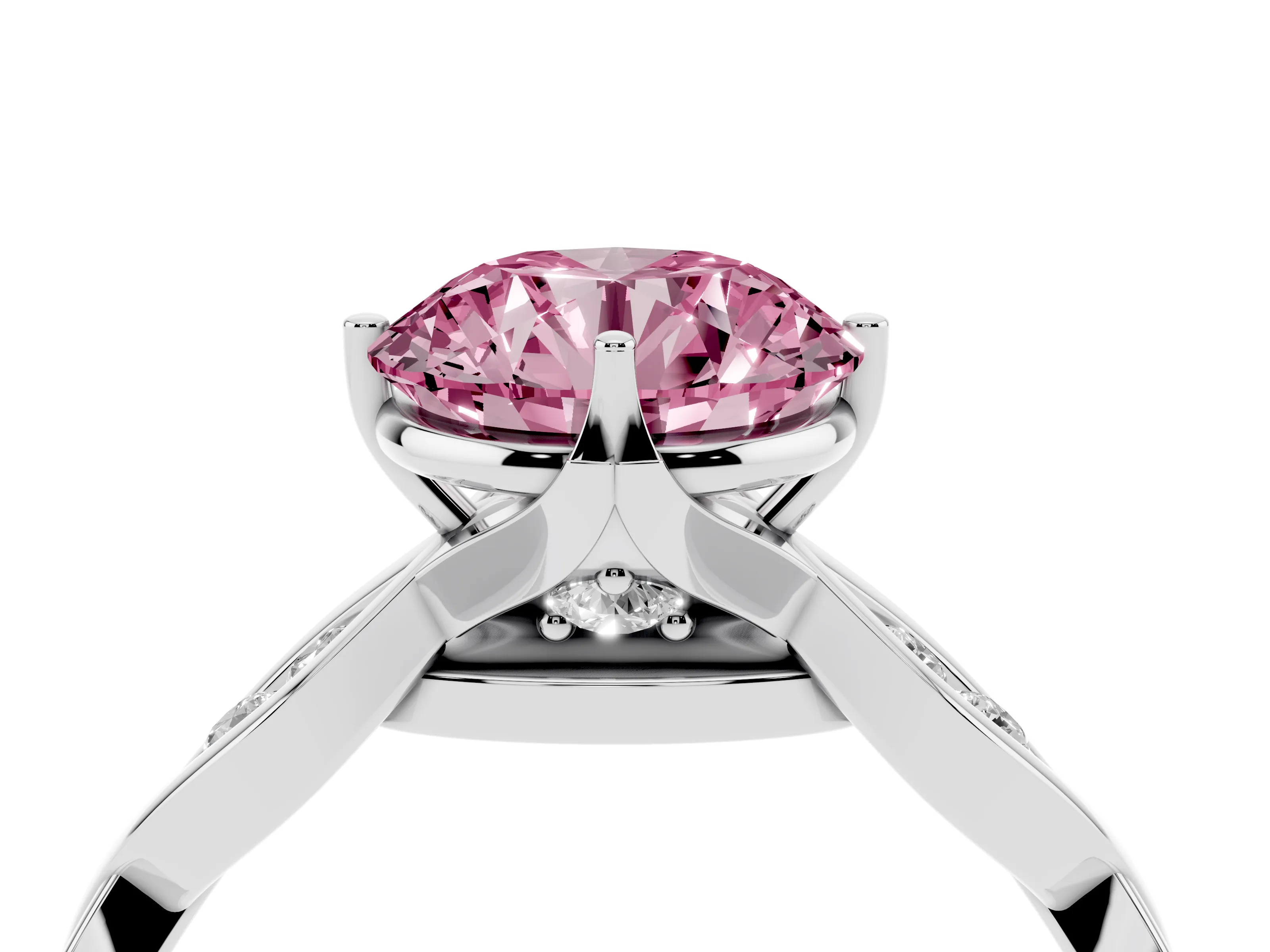 Fancy Pink Round Cut Diamond Twist Band Solitaire Ring Set in Silver with Leaf Prong Setting and Accent Stones