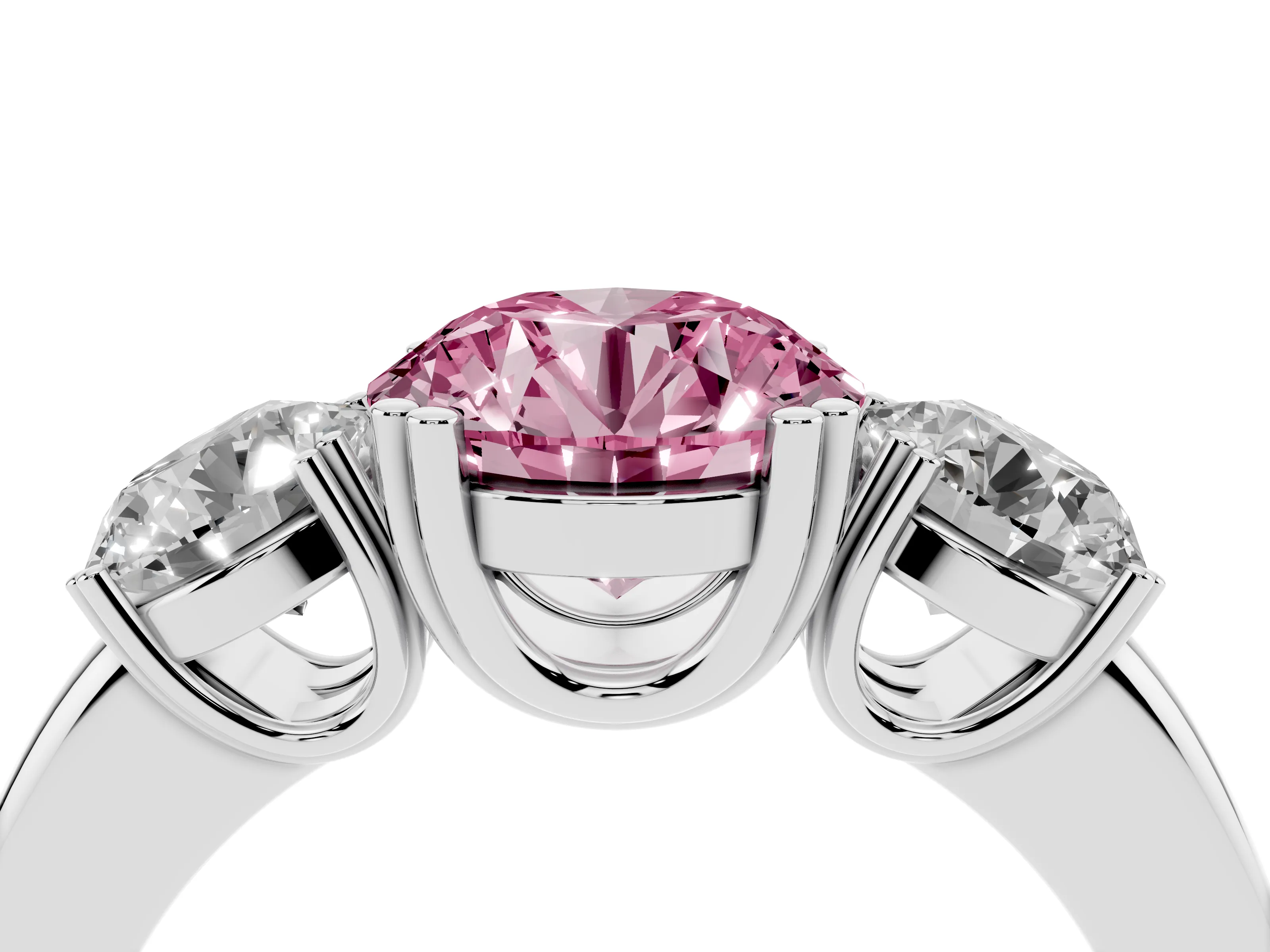 Fancy Pink Round Cut Diamond Three-Stone Ring Set in White gold with Polished Channel-Set Band