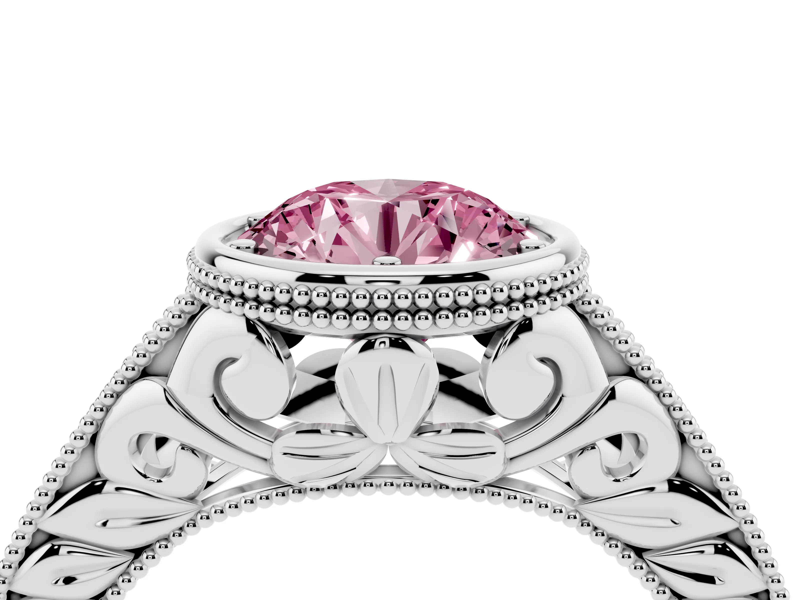Fancy Pink Bezel Set Round Cut Diamond Milgrain Pavé Engagement Ring Set in White gold