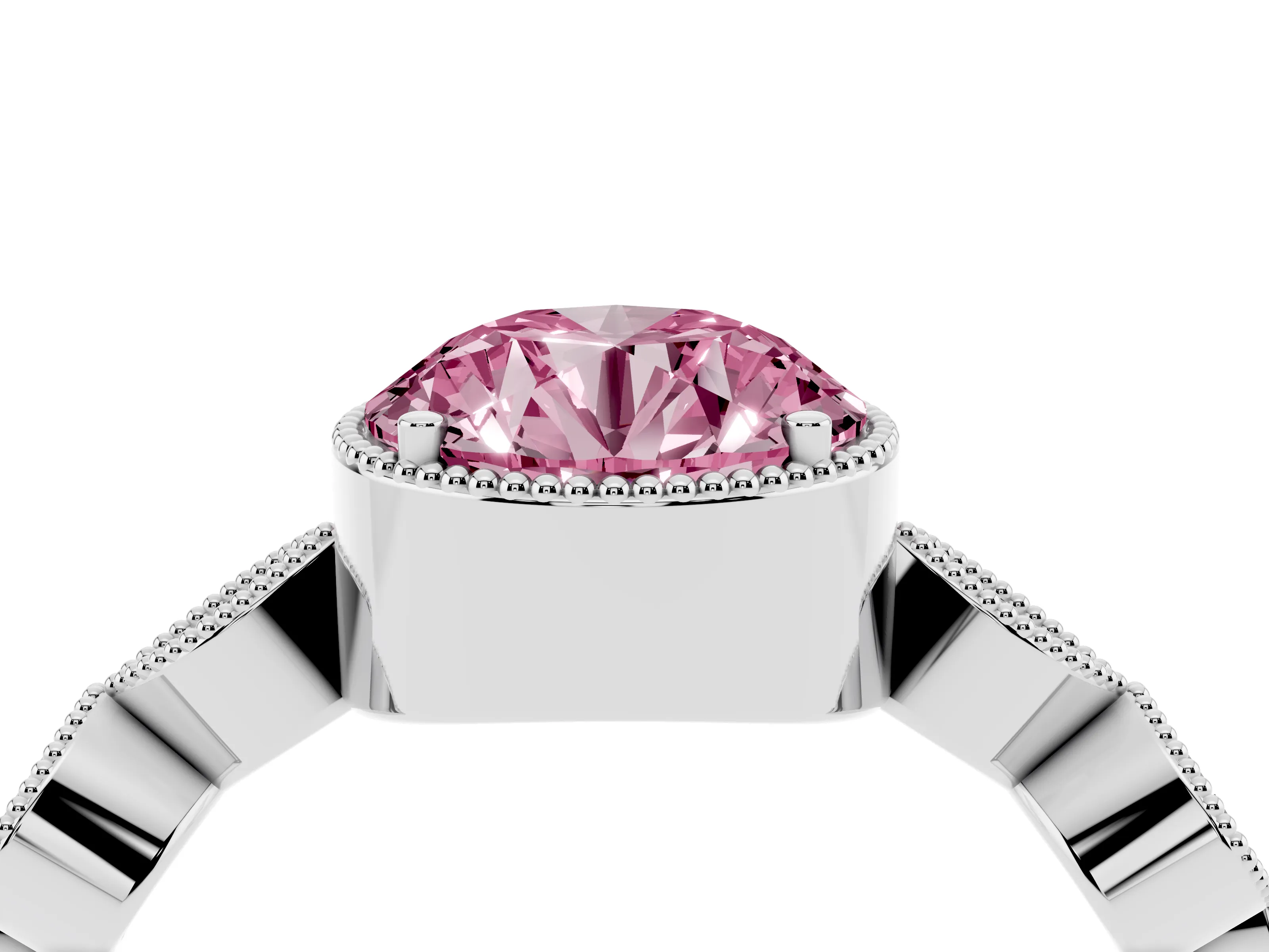 Fancy Pink Round Cut Diamond Vintage-Inspired Milgrain Ring Set in White gold with Marquise Stations of Round Accents