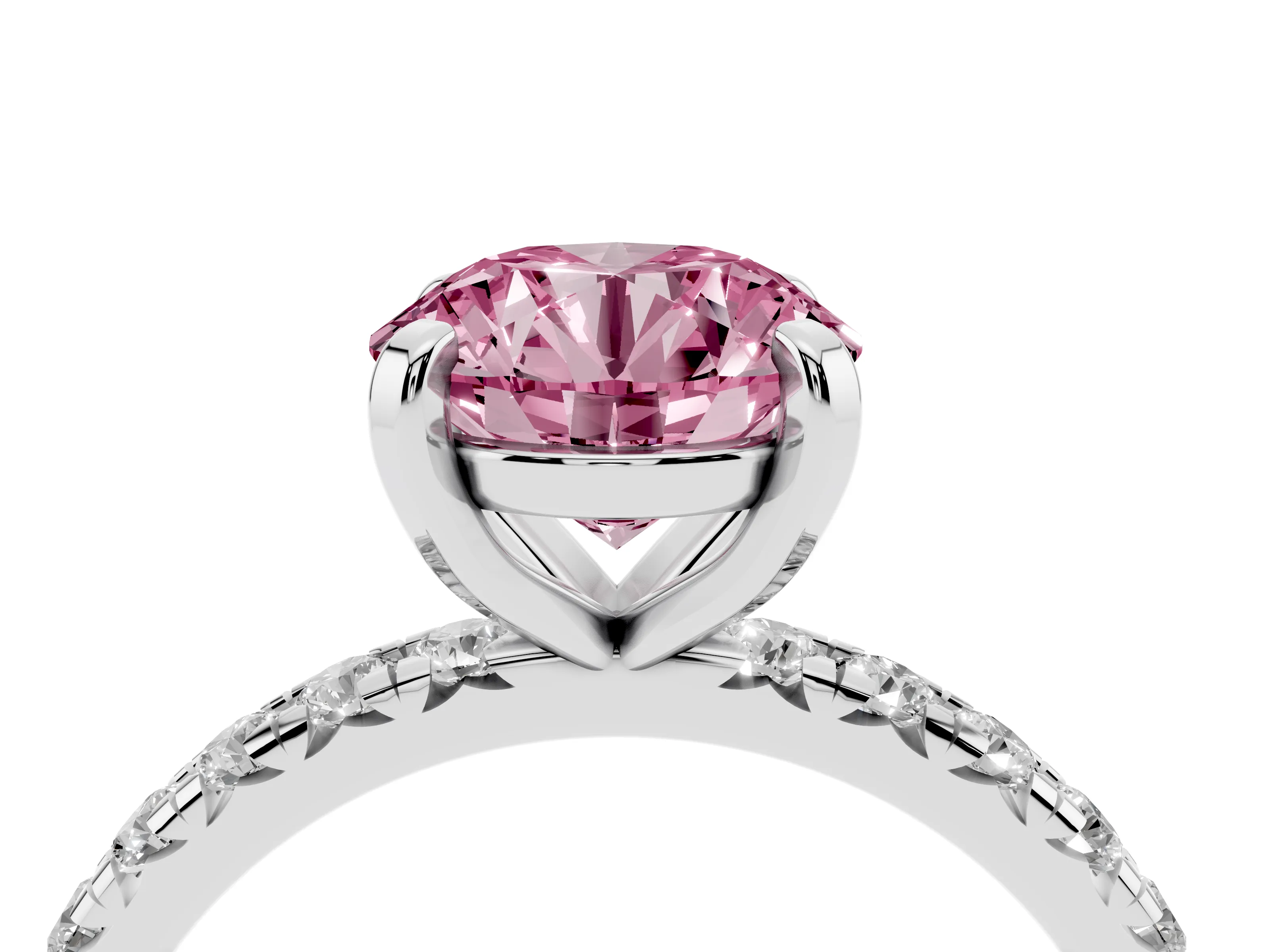 Fancy Pink Round Cut Diamond Pavé Solitaire Ring Set in Platinum with Round Band and Prong Setting