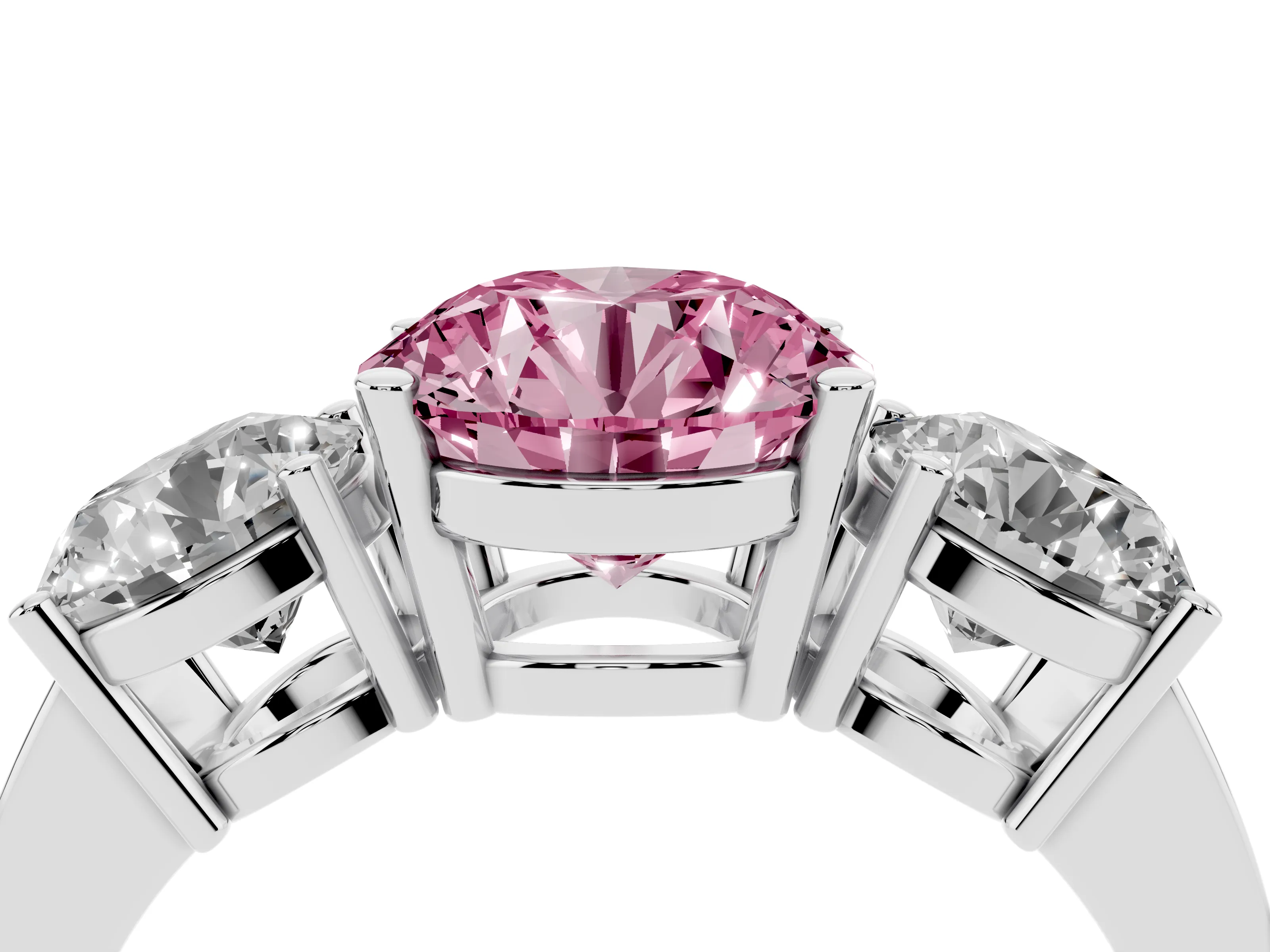 Fancy Pink Round Cut Diamond Three-Stone Engagement Ring Set in Platinum with Flat Band