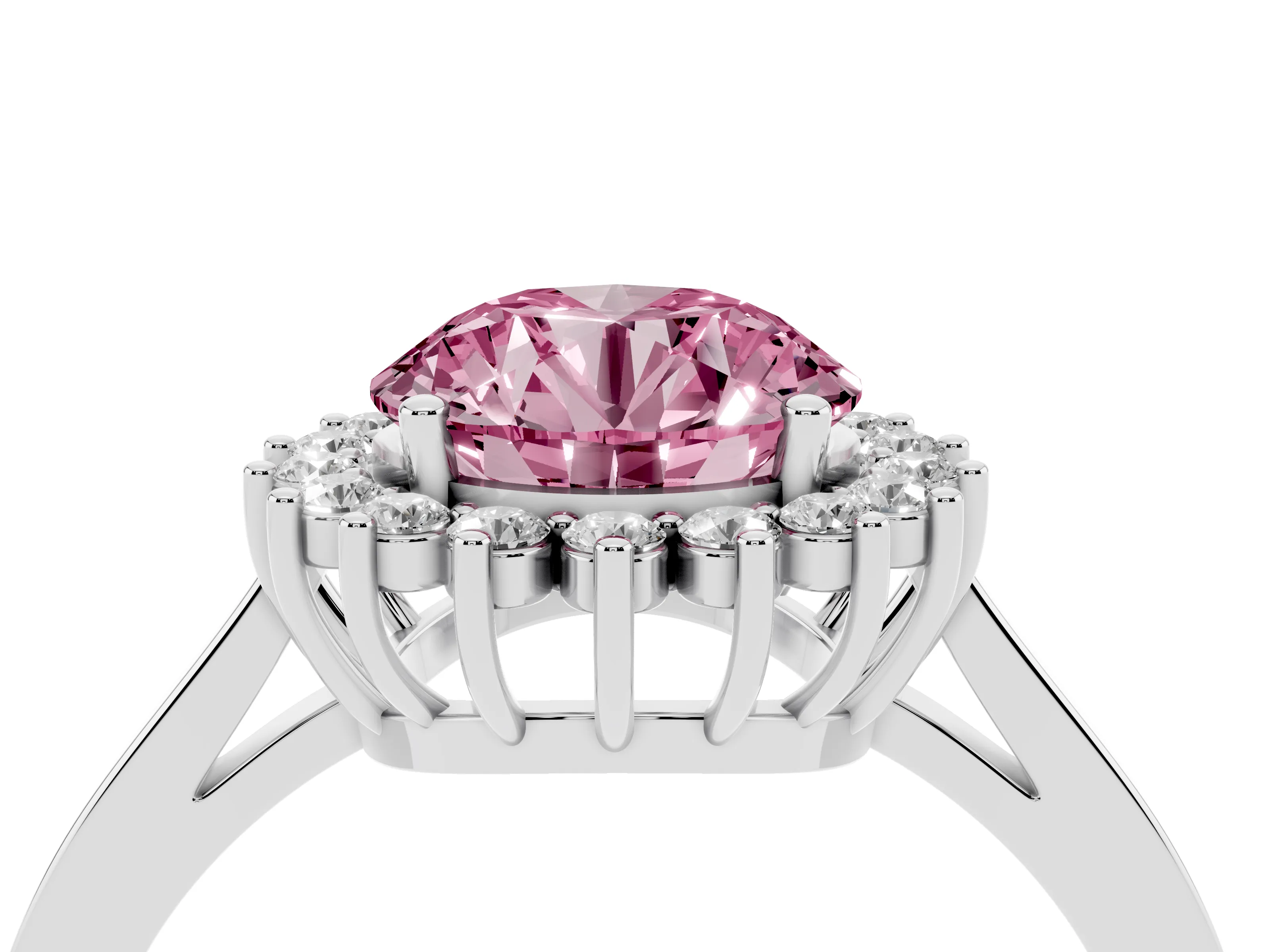 Fancy Pink Round Cut Diamond Halo Ring Set in Platinum with Round Halo and Smooth Solitaire Band