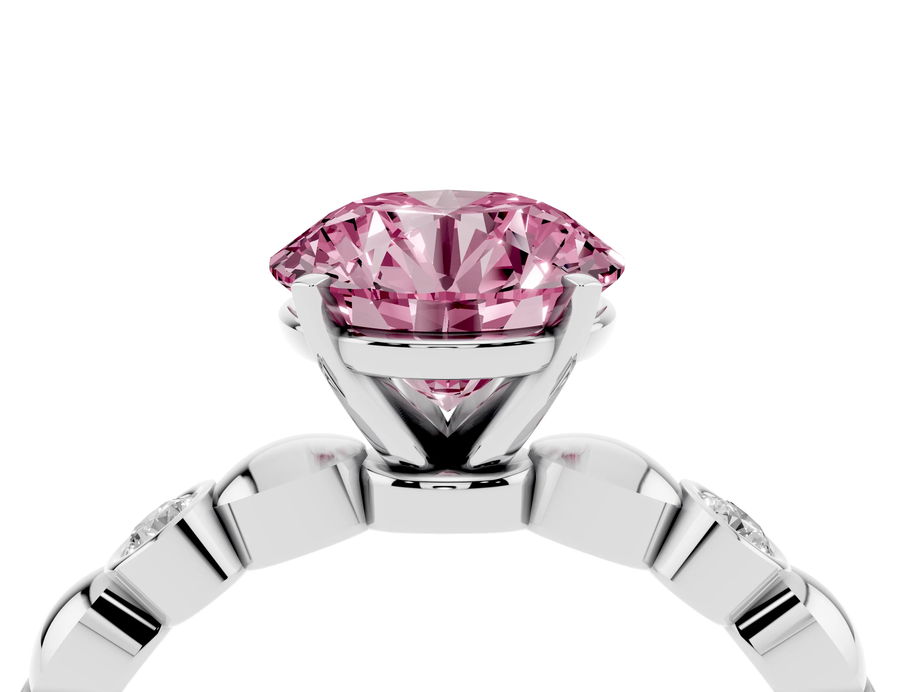Fancy Pink Round Cut Diamond Solitaire Ring Set in Silver with Bezel-Set Accents on Beaded Band and Prong Setting