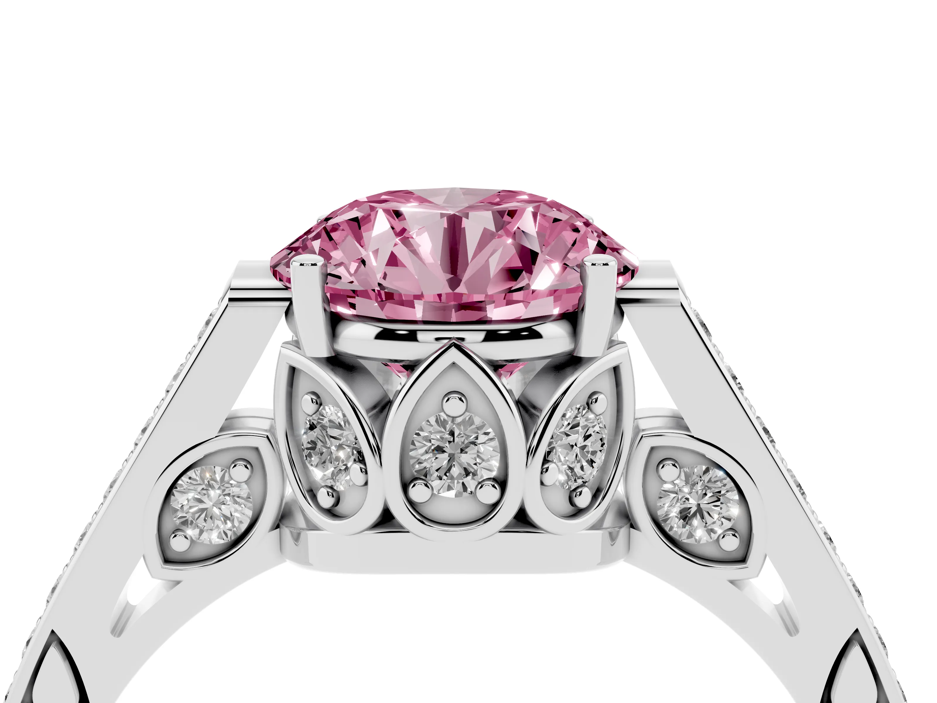 Fancy Pink Round Cut Diamond Cathedral Pavé Engagement Ring Set in Silver with Prong Setting