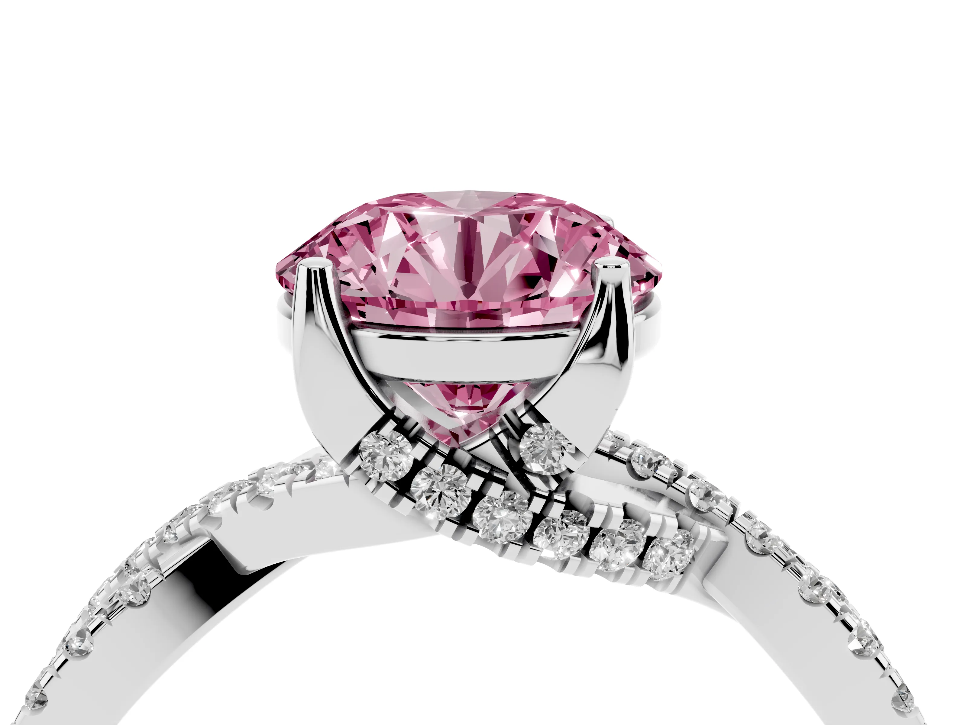 Fancy Pink Round Cut Diamond Twist Pavé Solitaire Engagement Ring Set in Silver with Prong Setting